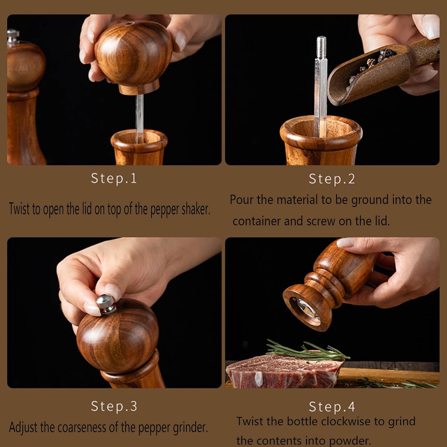 Salt and Pepper Grinder Set, 2 Packs Manual Wooden Salt & Pepper Mills with Base, Retro Refillable Acacia Wood Spice Shakers Grinder Mill Set with Adjustable Ceramic 7 Inch,7 inches a