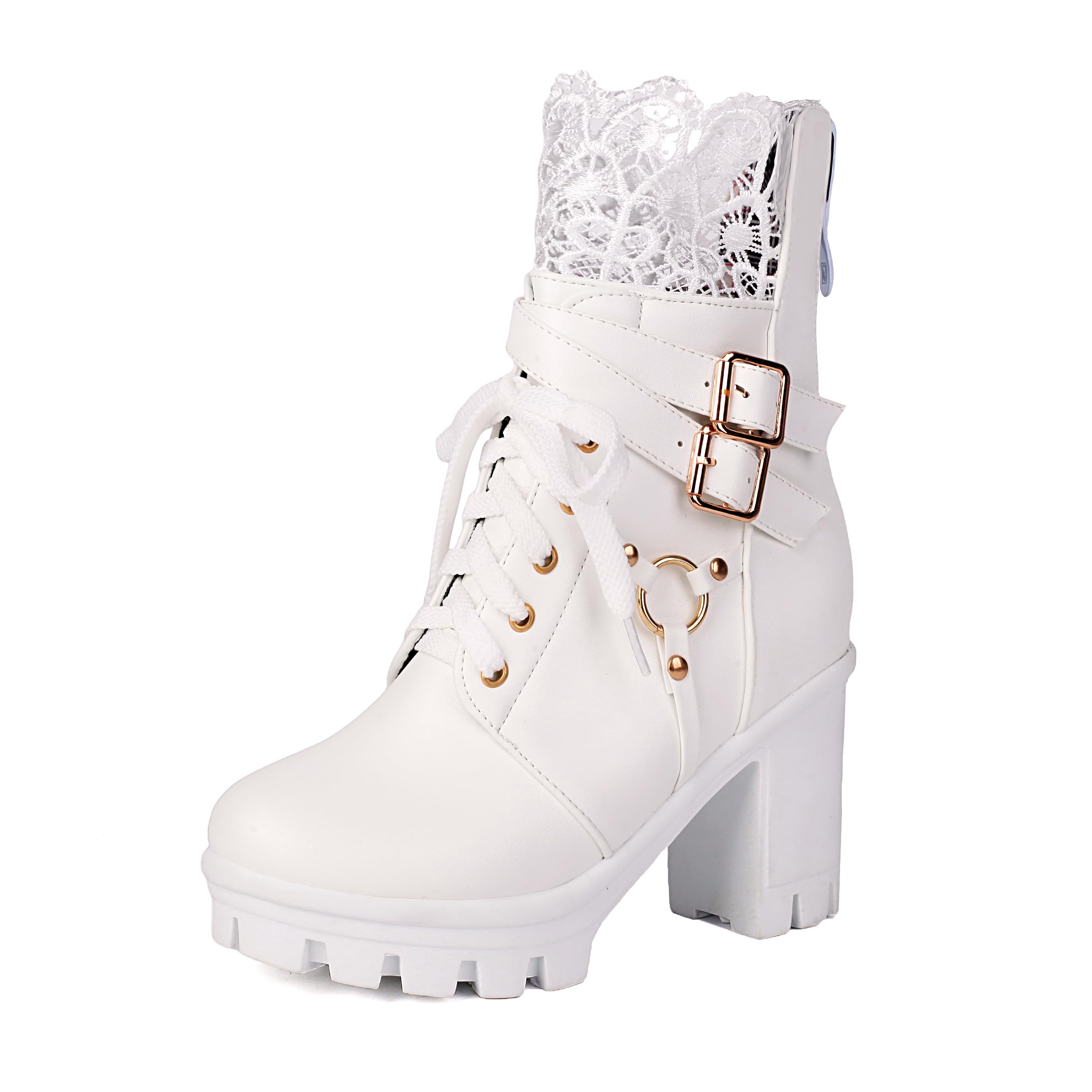 BEAUPAS Women's Gothic Combat Boots Lace Up Platform Ankle Boots with Buckles Chunky High Heel