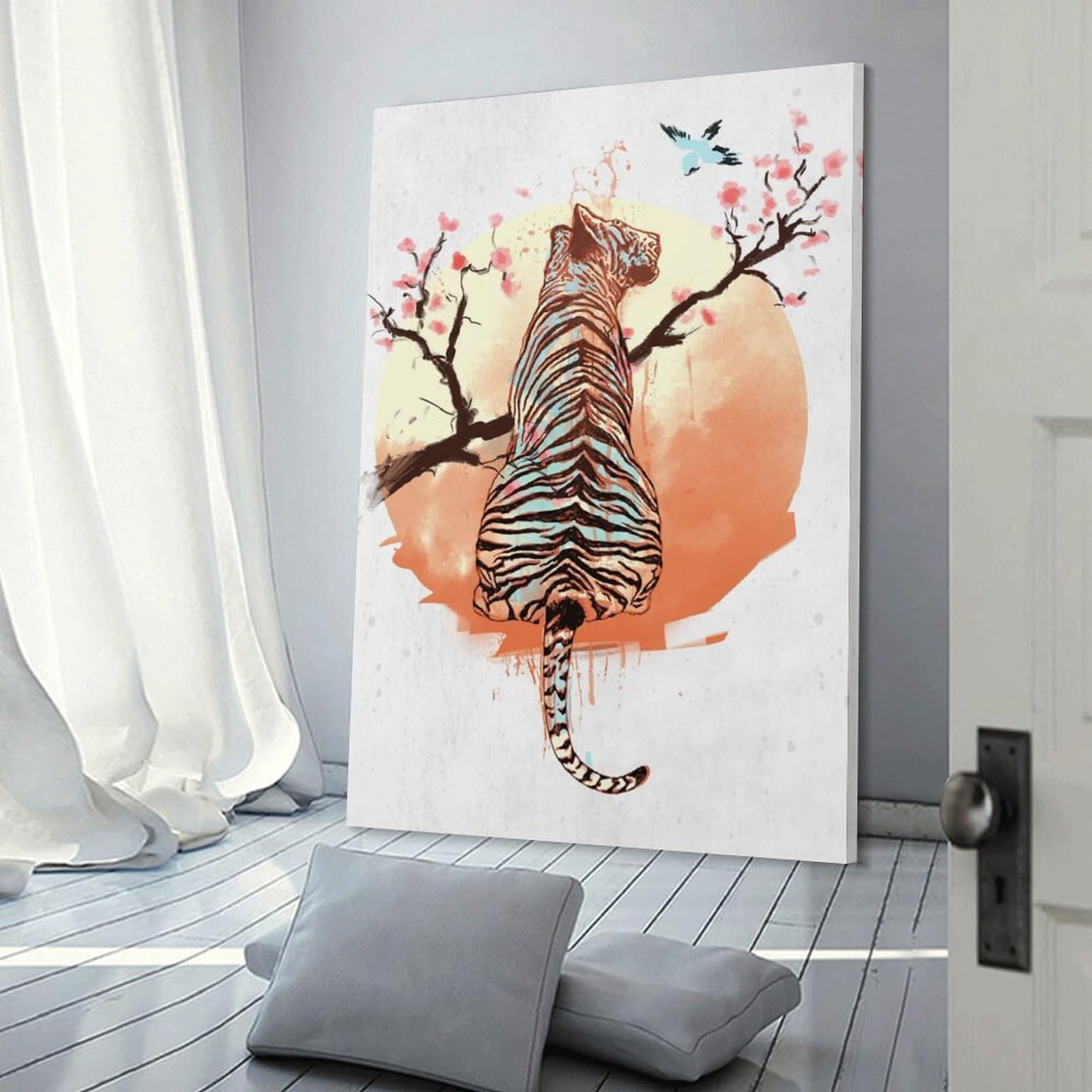Junmoney Canvas Wall Art Tiger at Sakura Tree, 08x12inch(20x30cm), for Corridors, Hallways Or Apartment Entries, Decorative Canvas Styling for Entry Areas