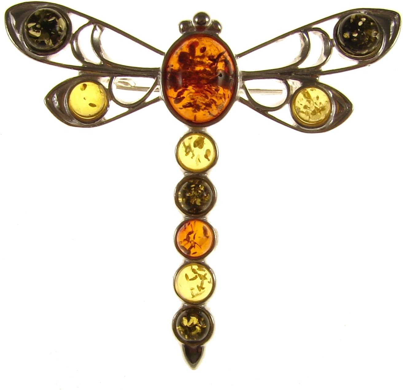 SA BroochesBaltic Amber and Sterling Silver 925 Multi-Coloured Dragonfly Brooch pin Jewellery Jewelry