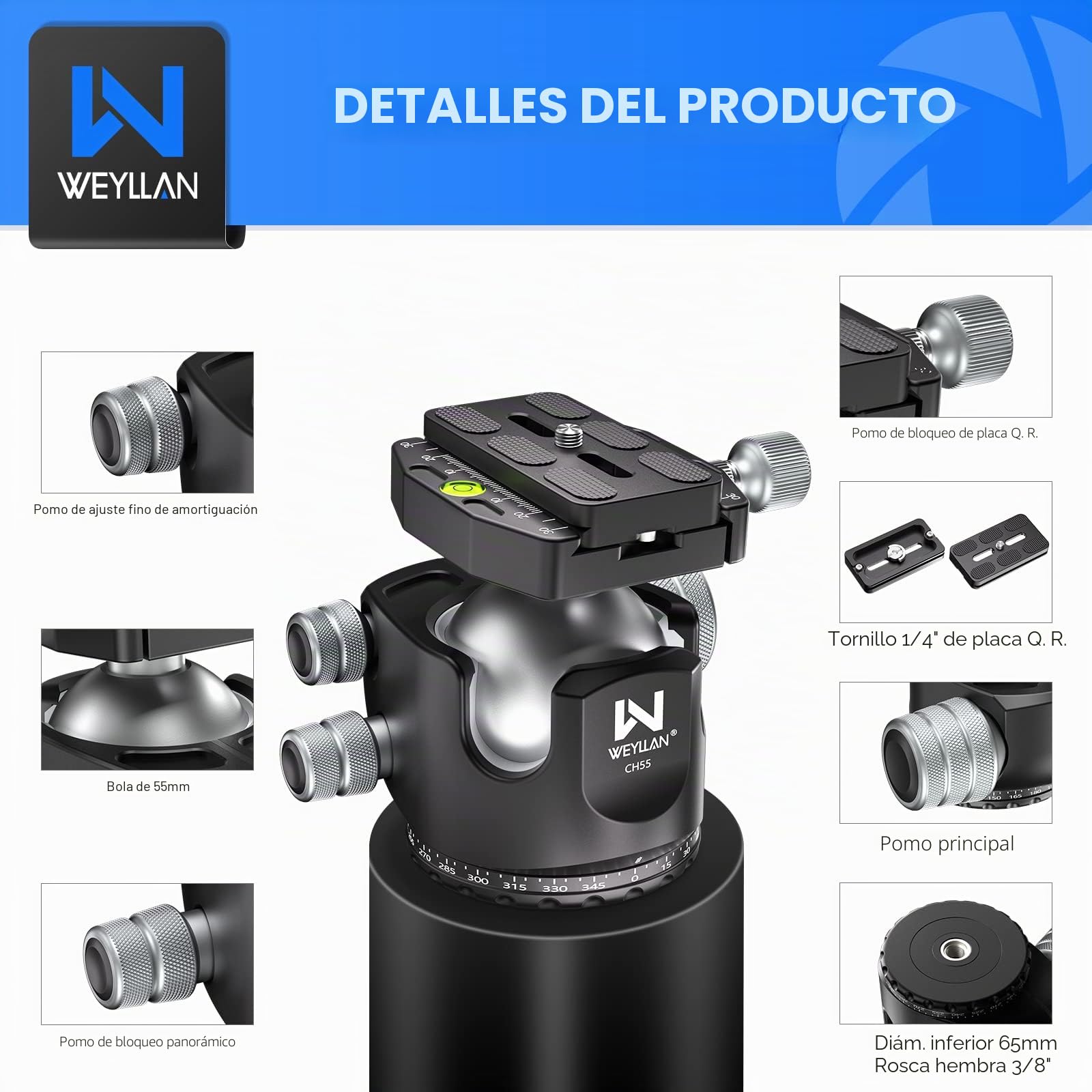 WEYLLAN CH55 cabeça de Bola de tripé, 55mm cabeça de tripé de Metal | 55mm cabeça de tripé, com placa de desbloqueio rápido Arca Swiss, para tripé, DSLR, câmara de vídeo, cámara,carga máxima 40kg