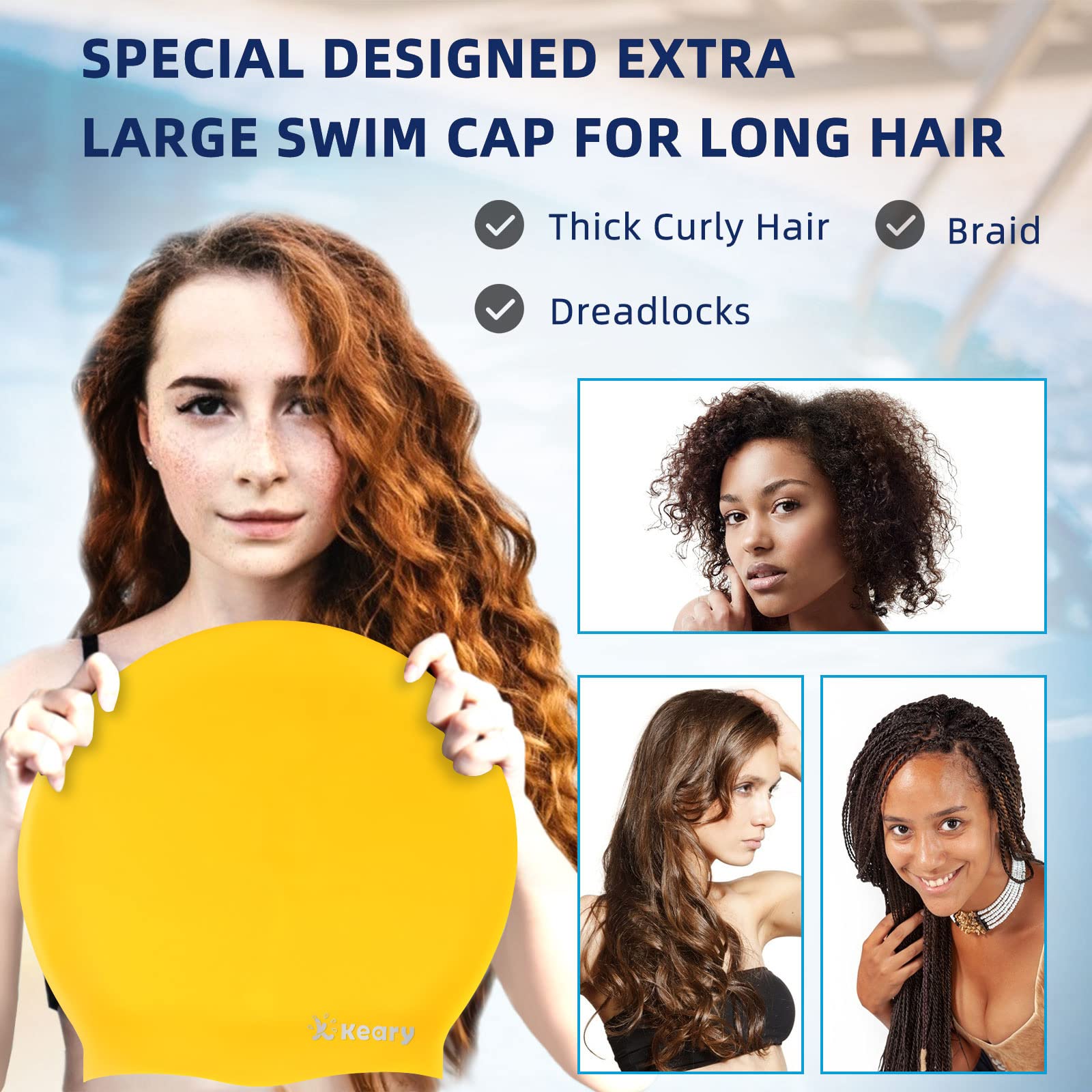 Keary Gorro de natación extra grande para trenzas y rastas, teje el pelo largo, cubierta de silicona impermeable, gorro de natación para adultos, jóvenes, para mantener el cabello seco, fácil de poner