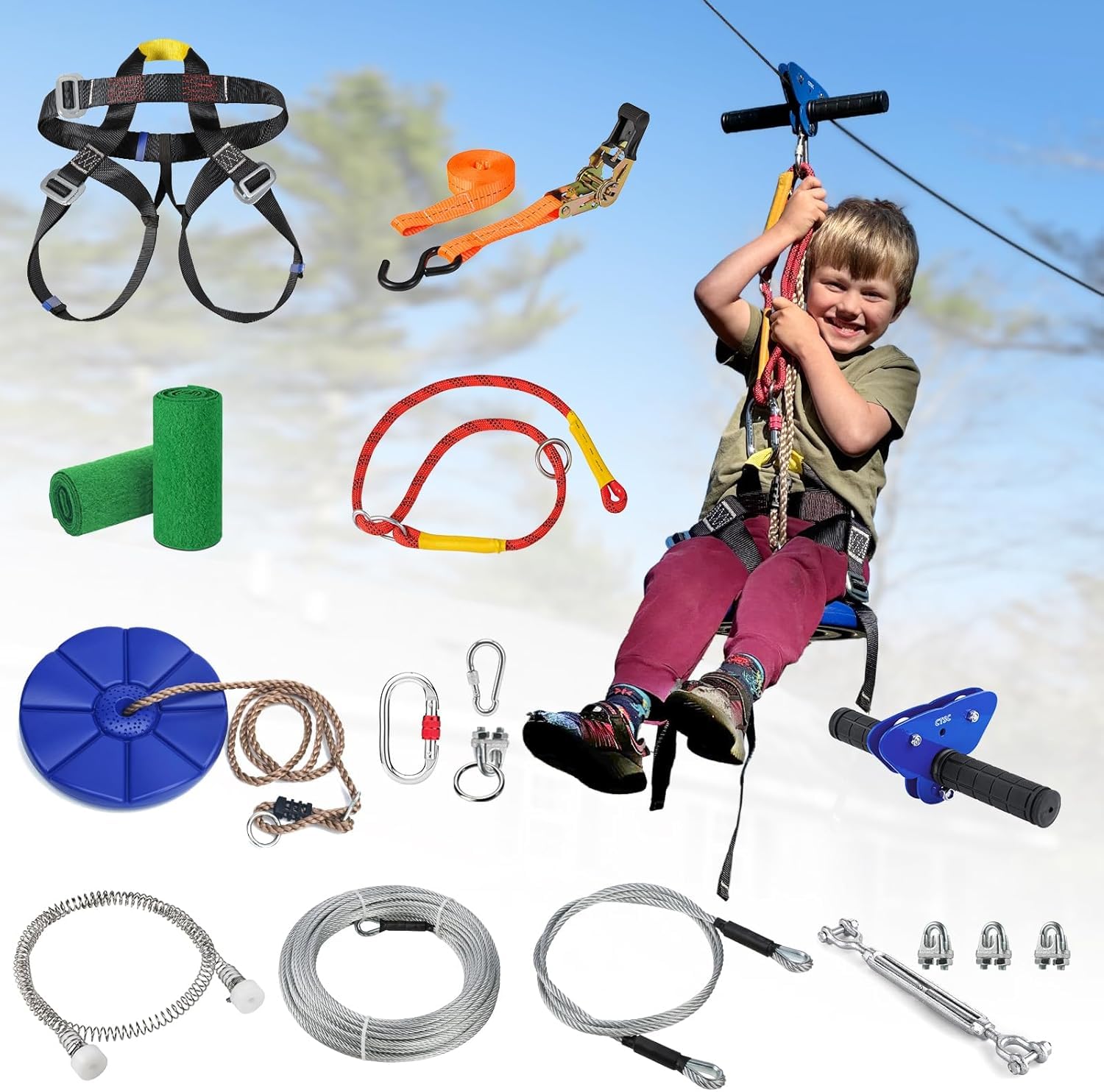 CTSC Kit zip line per giardino, 25 m, kit zip line per bambini e adulti, con freno a molla in acciaio inossidabile, kit di tensionamento, imbracatura di sicurezza, protezioni per alberi (25 m blu)