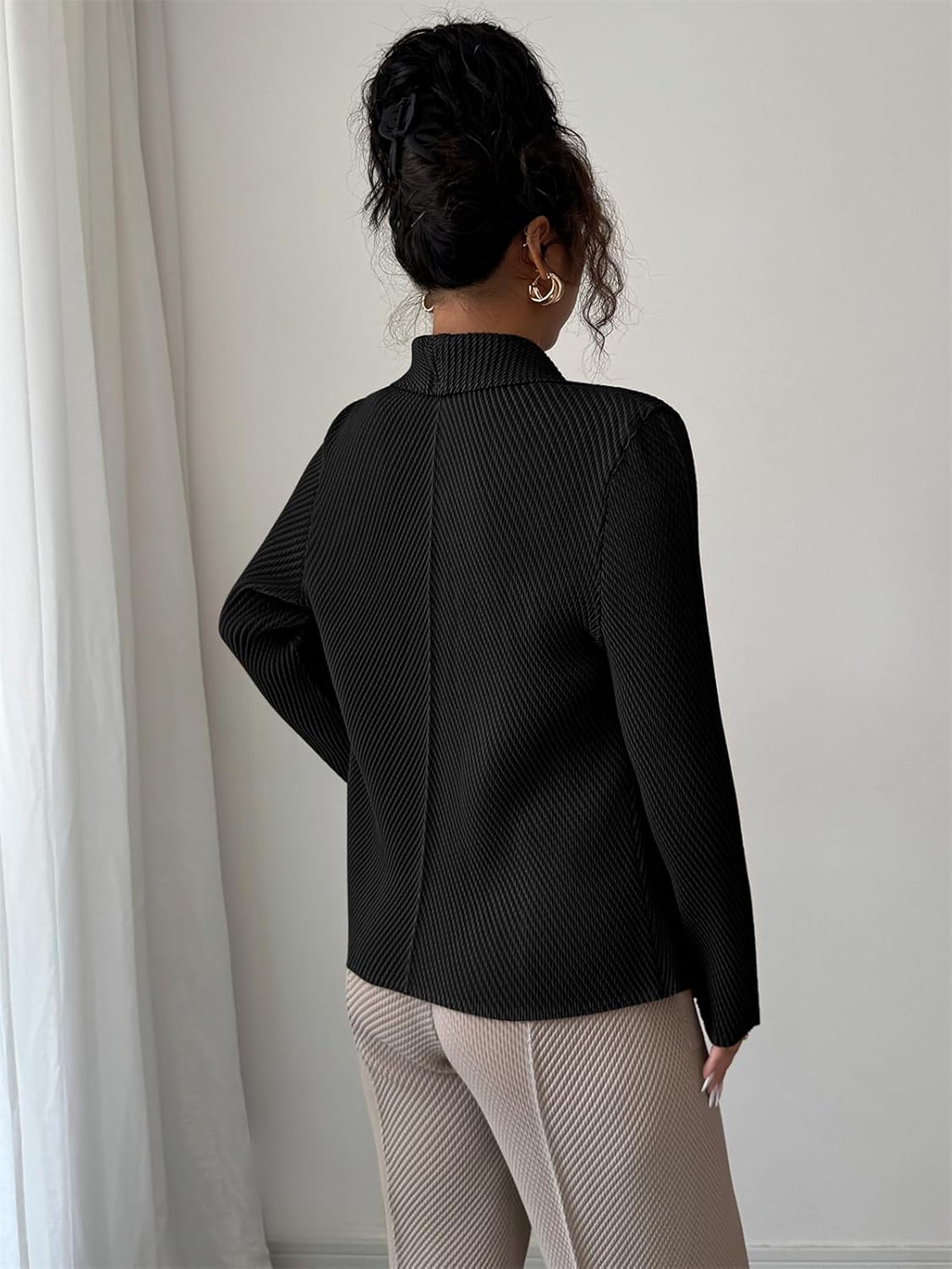 Womens Loose Fall Outwear Ribbed Blazer Jacket Blazers Notched Lapel Jacket - Image 2