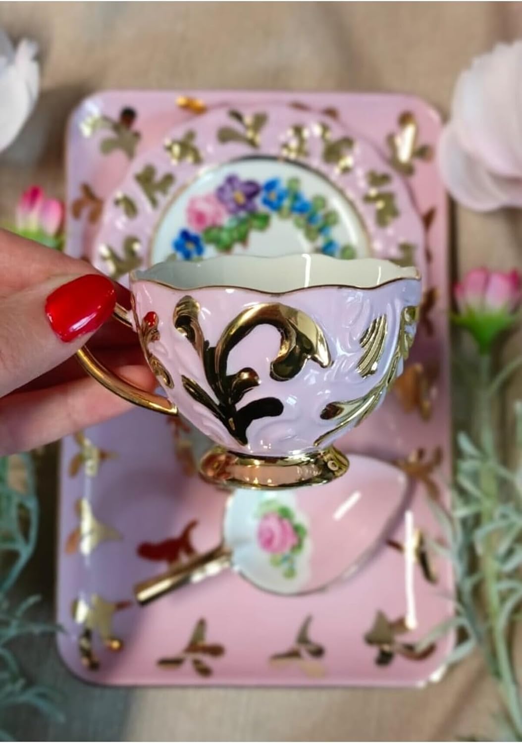 SODEF Porcelain Hand Painted Coffee Cup Set, Suliman Design, Single Serve, 4 Piece, 85ml Espresso Cup, Modern Style for Home, Office - Pink, One Size