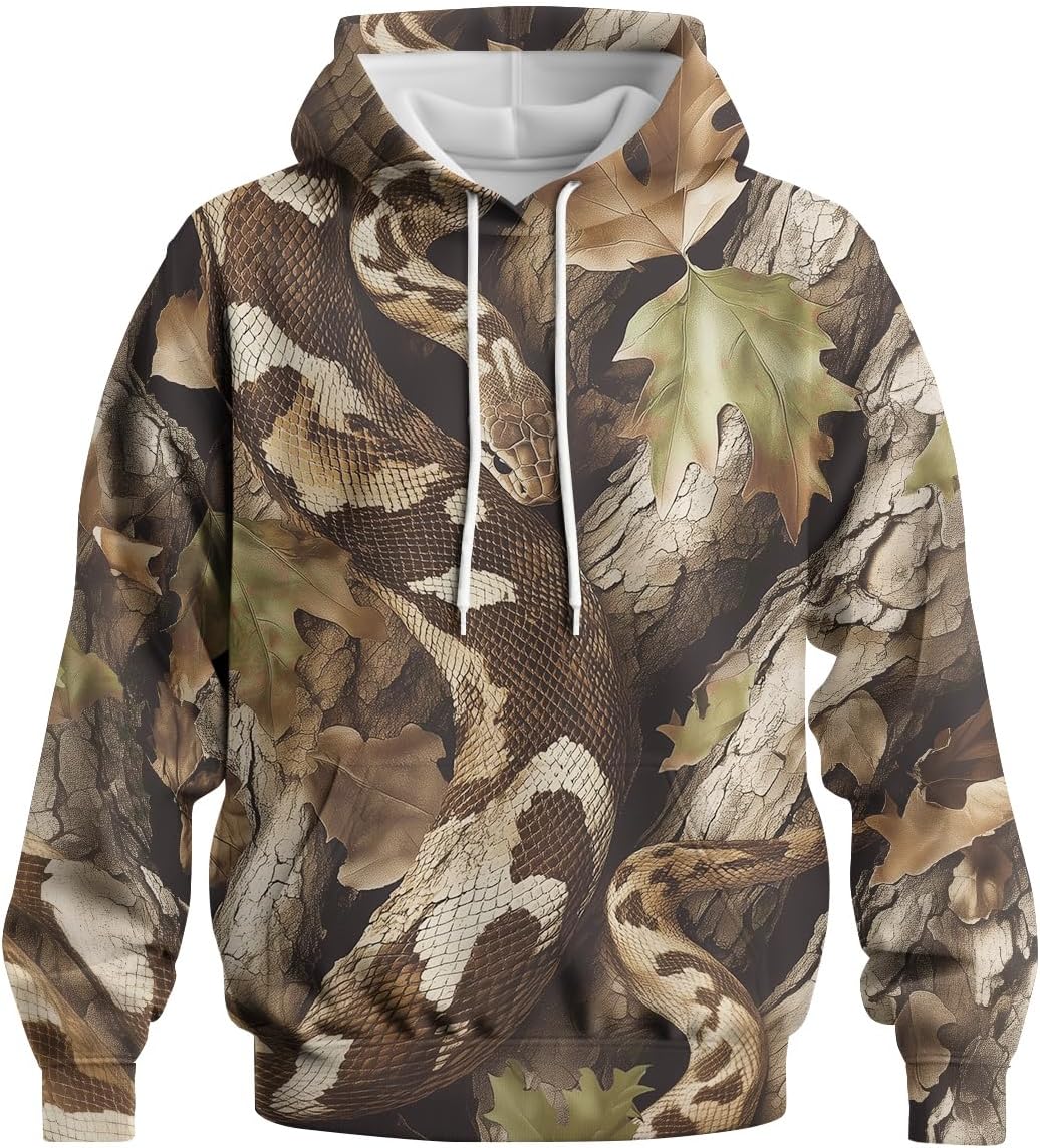 Realistic Snake Camouflage Hoodie for Men Camo Sweatshirt Hunting Hoodies Pullover