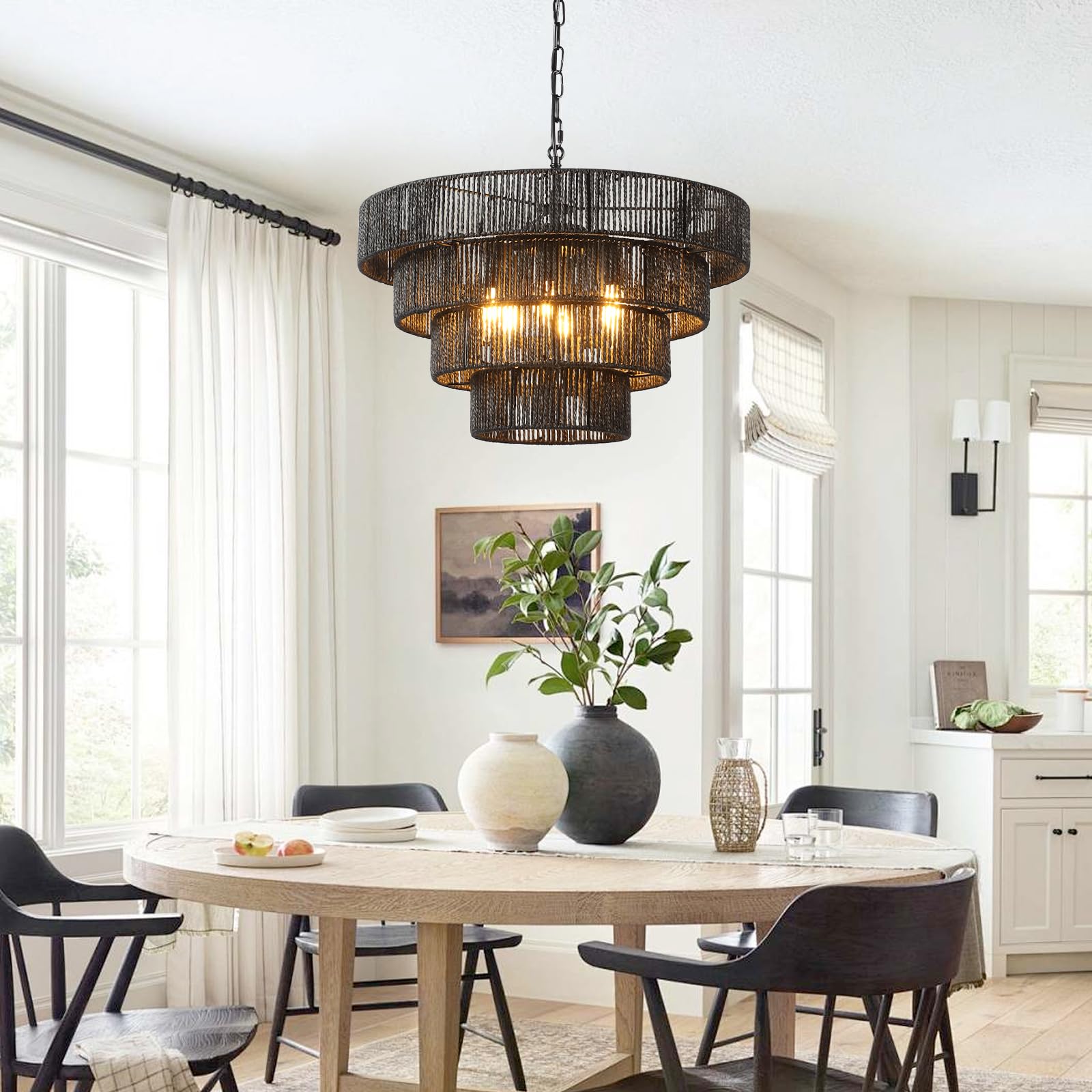 50Cm Boho Pendelleuchte,Handgewebt Lampenschirm Rattan 6-Leichter HäNgelampe 4 Runde ÜBergangs-Rustikal GroßEr Lampenschirm HäNgelampe FüR Esstisch Wohnzimmer KüChe Schlafzimmer,Matt Schwarz