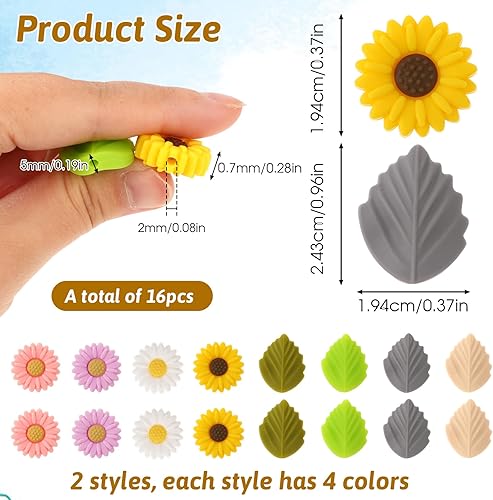 Miniatura 2 de ZEYIYER 16 tapones de aguja de tejer, protectores de punta de aguja de tejer de silicona, lindas tapas de aguja de punto de margarita y hojas,