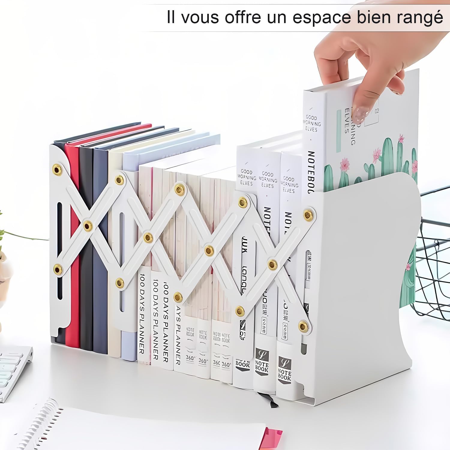 DARUITE Serre-Livres en Métal Réglable et Robuste - Organiseur et Accessoires de Bureau Scolaires pour la Maison, l'École, Bibliothèque - Blanc X 2