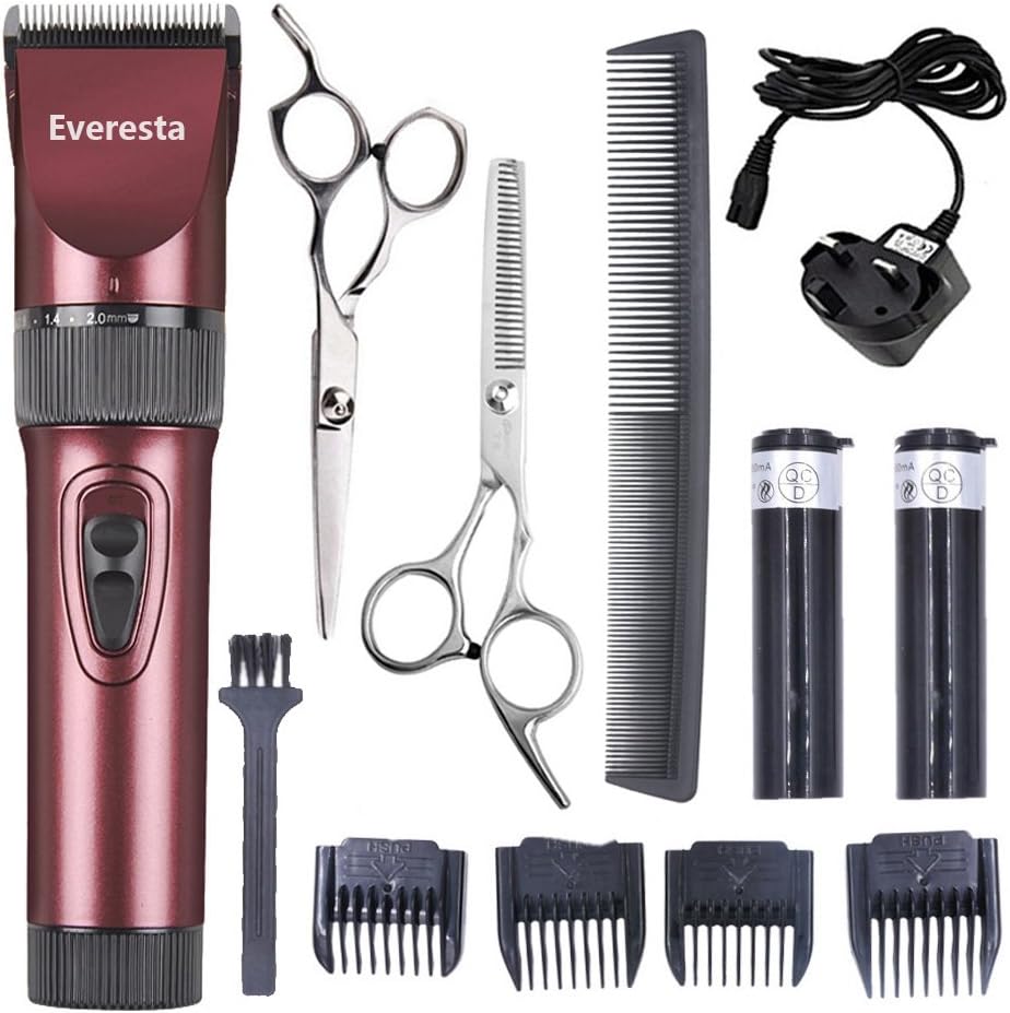 Everesta Quiet Hair Clippers Cordless Rechargeable Hair clippers for Adults and Babies Professional Barber Clippers Set with 2 Rechargeable Batteries 4 Comb Guides and Scissors (Red)