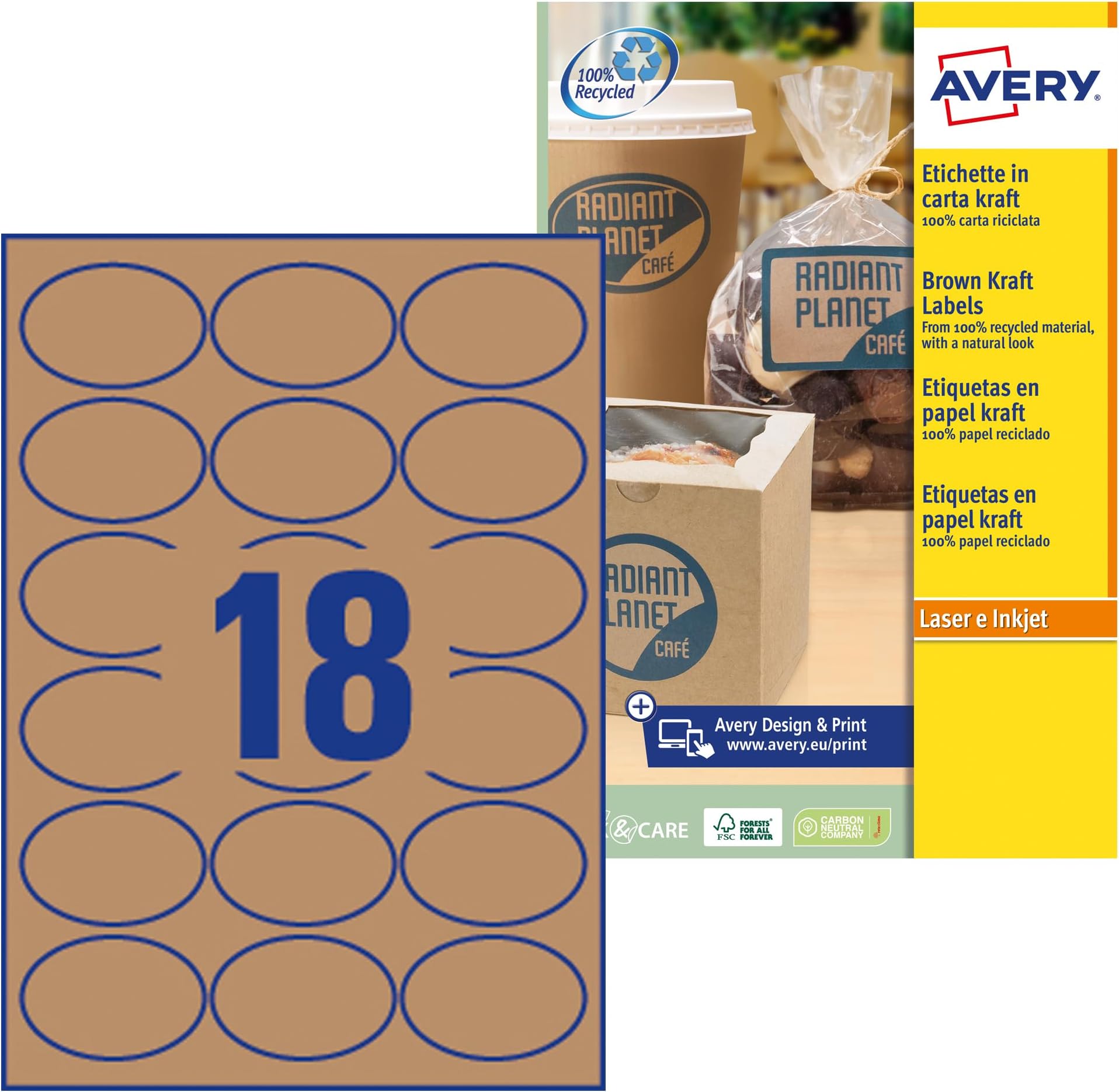 L7103-20 Self-Adhesive Brown Kraft Oval Labels, 18 Labels Per A4 Sheet