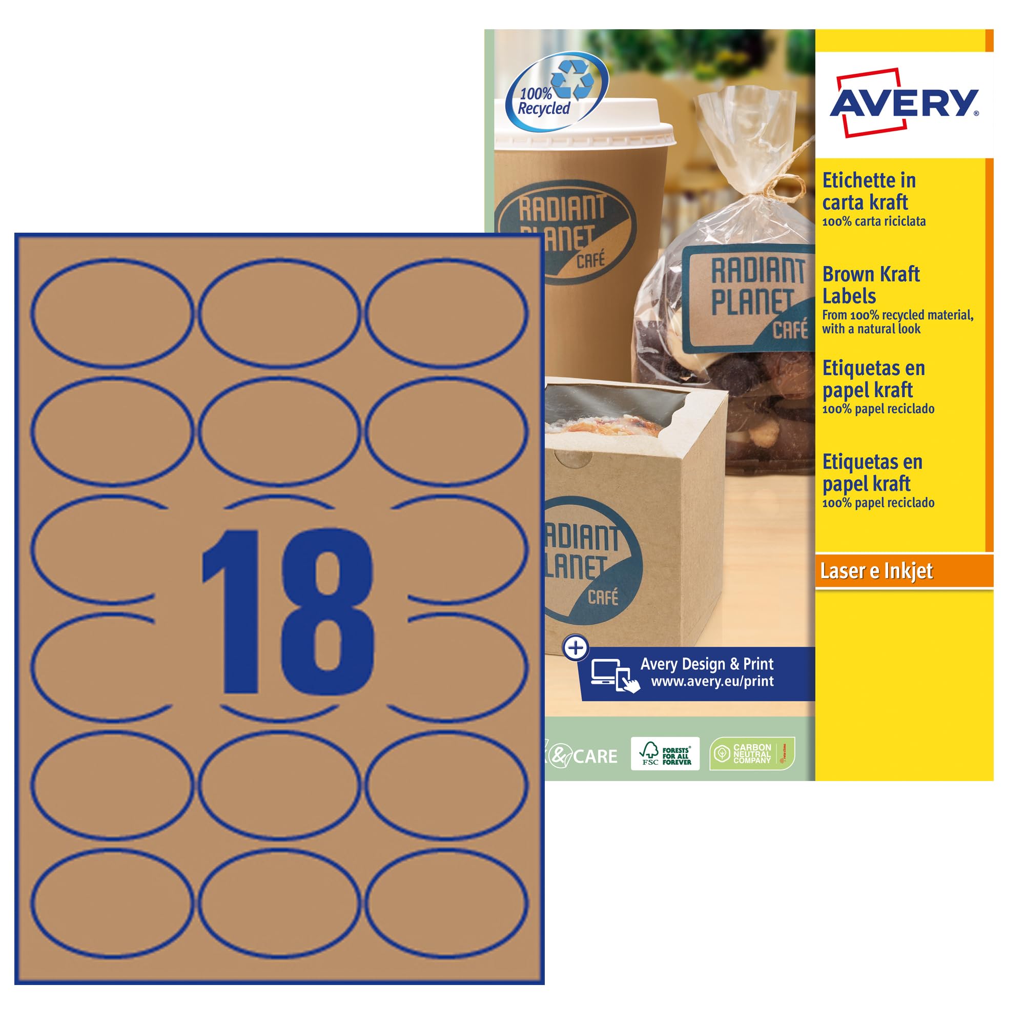 Avery L7103-20 Self-Adhesive Brown Kraft Oval Labels, 18 Labels Per A4 Sheet