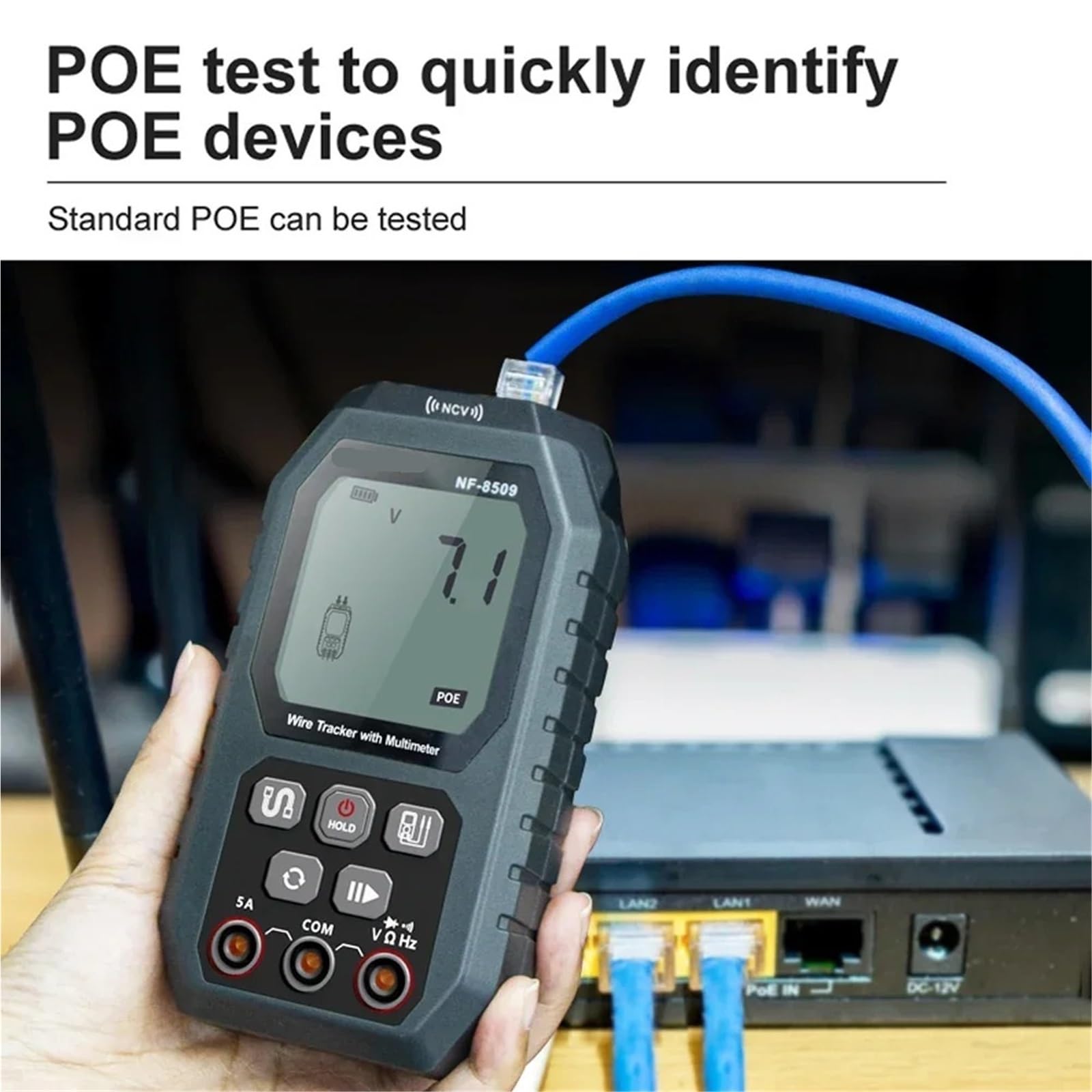 Tester for cavi di rete 2 in 1, multimetro digitale, rilevatore lunghezza, tester PoE Cat5 Cat6, test continuità Prove di trasmissione