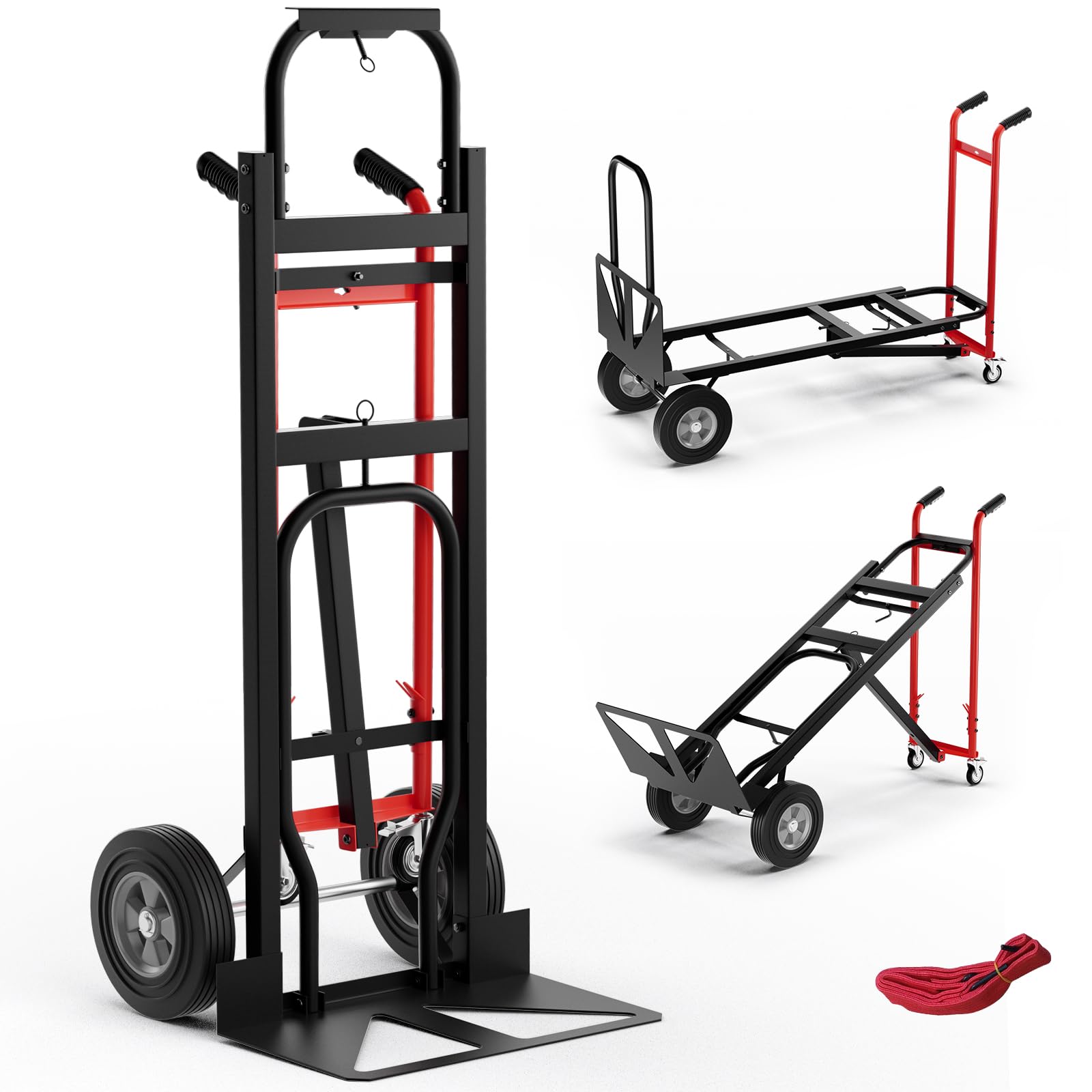 COSTWAY 3 in 1 Folding Hand Trolley, Convertible Transport Trolley with 4 Rubber Wheels, Tie Rope, Industrial Cargo Trolley with Folding Platform, Load 450 kg (Red)