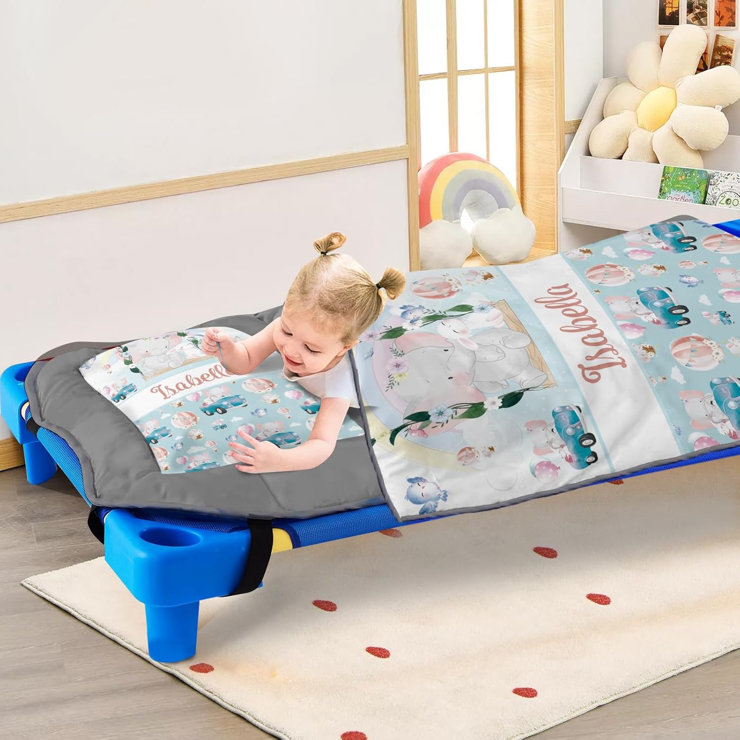 Custom Toddler Nap Mat for Preschool, Personalized Name Slumber Bags with Animals for Kids Daycare, Roll Up Sleeping Mats with Flannel Blanket & Removable Pillow for Boys Girls