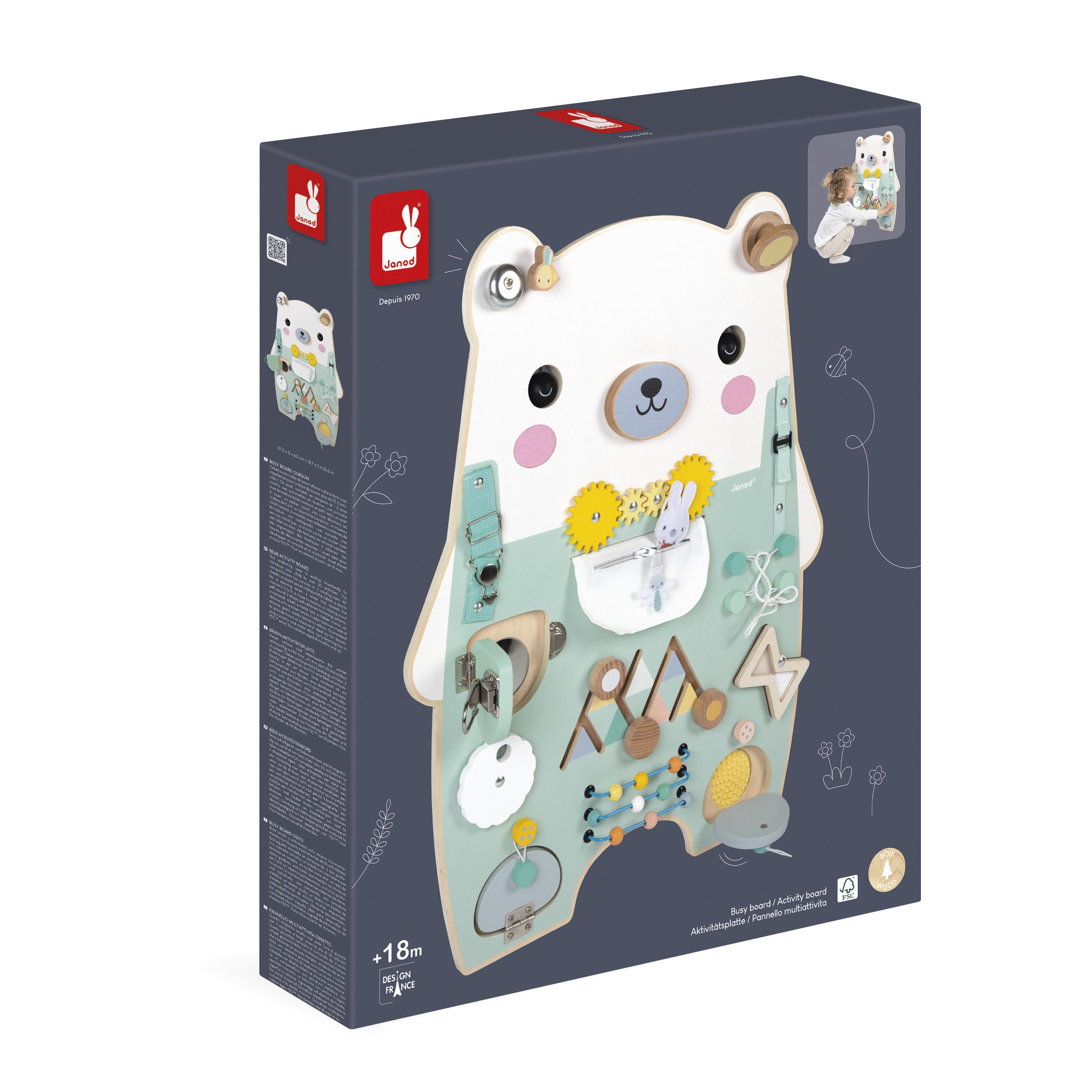 Janod Busy Board Ourson, 20 attività, Grande Tavolo di attività in Legno, Ottime per Lo Sviluppo della motricità fine, la curiosità e la destrezza, Altezza 60 cm, da 18 Mesi, J05162