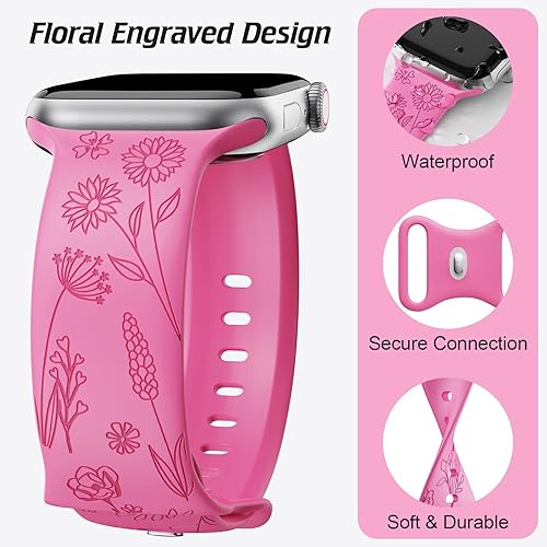 Miniatura 4 de Paquete de 3 bandas grabadas florales compatibles con Apple Watch Band para mujeres de 1.496 pulgadas, 1.575 pulgadas, 1.614 pulgadas, 1.654