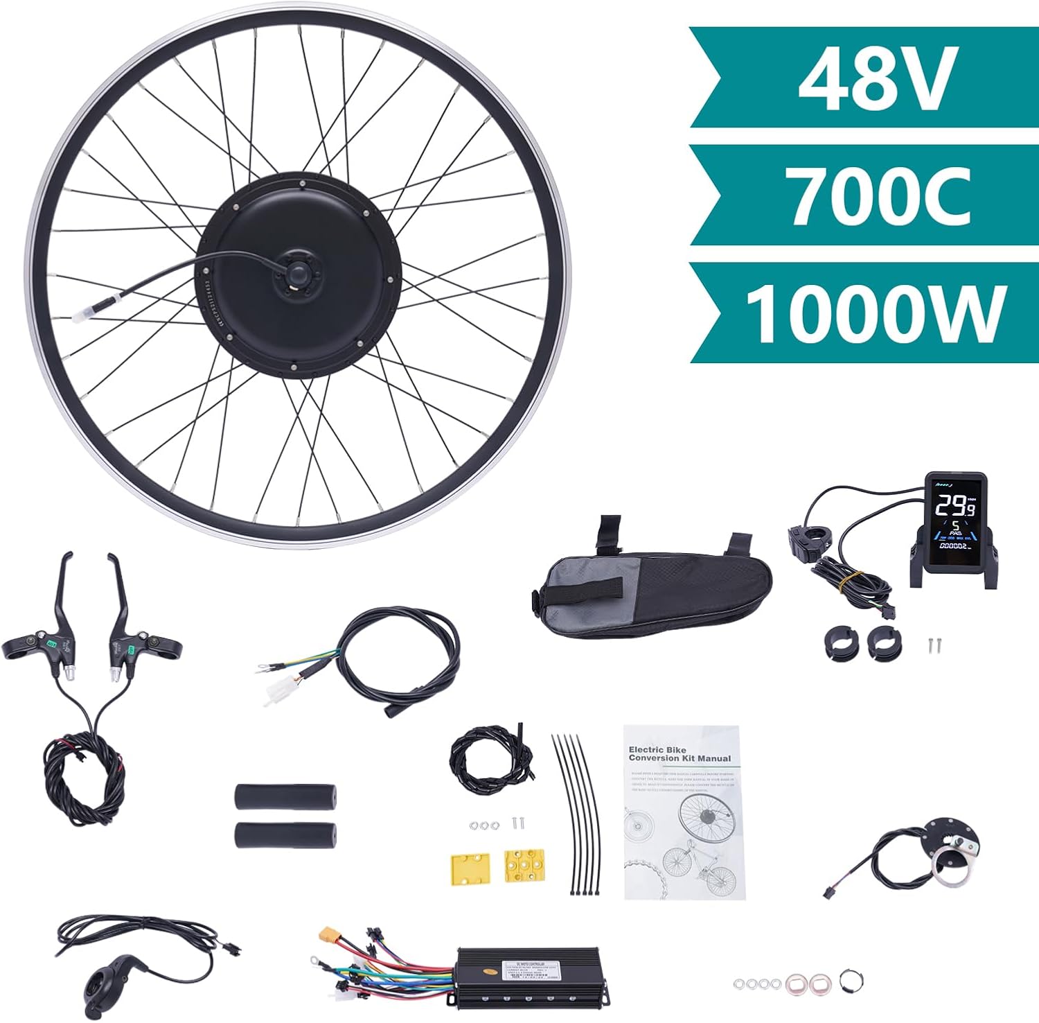 700C 48V 1000W E-Bike Conversion Kit 28"/29" Front/Rear Wheel E-Bike Cycling Hub Conversion w/Display Brushless Gearless Motor Set for DIY Road Mountain Bike Converting Black