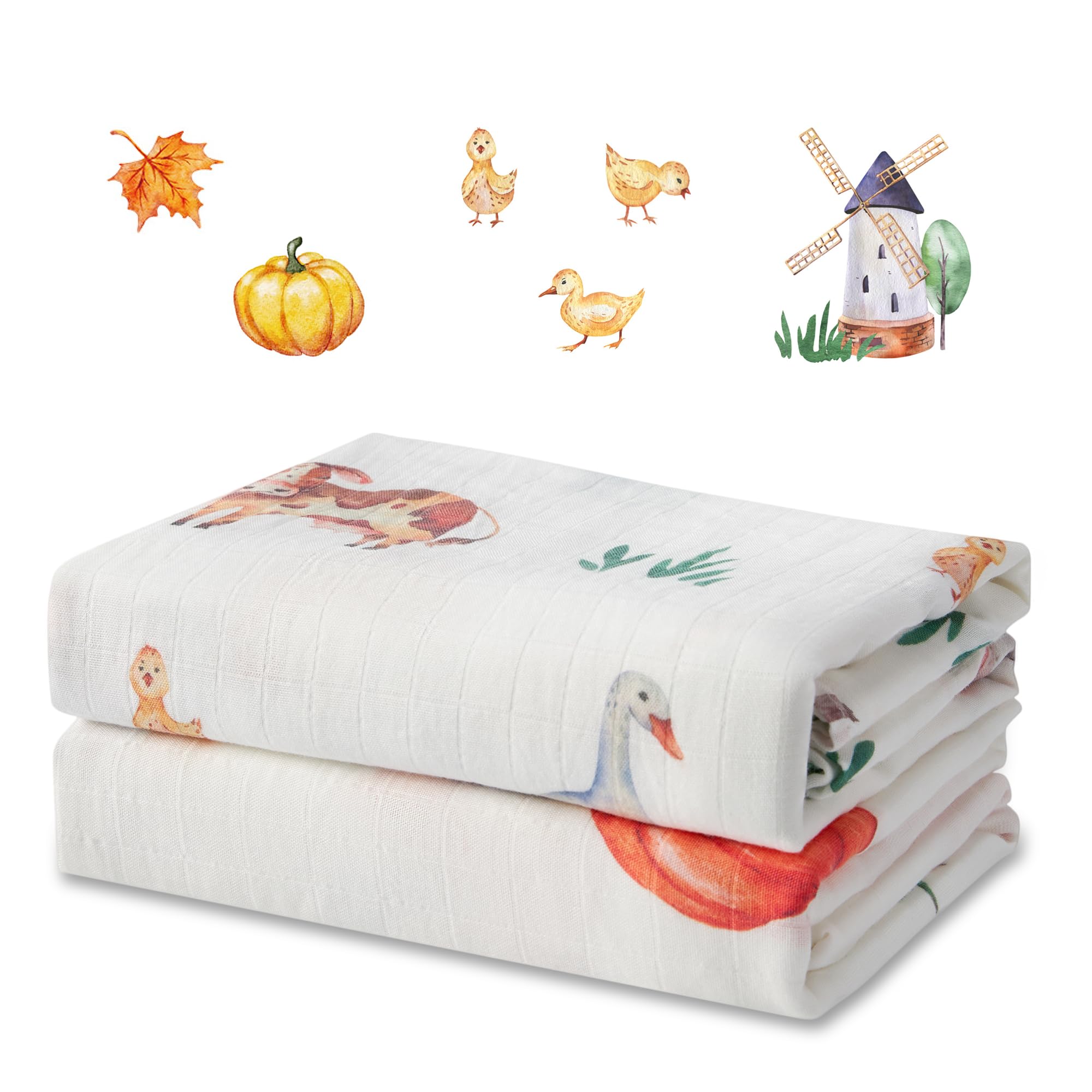 IBESTOPIA Muslin Swaddle Blankets for Newborn, 2 Pack Large 47"x47" Soft Breathable Bamboo Cotton Baby Blanket, Lightweight Receiving Blanket for Boys