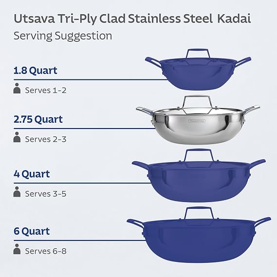 Tramontina Utsava 2.75-Quart Tri-Ply Clad Stainless Steel Kadai with Lid, Kadhai Pot for Indian Cooking