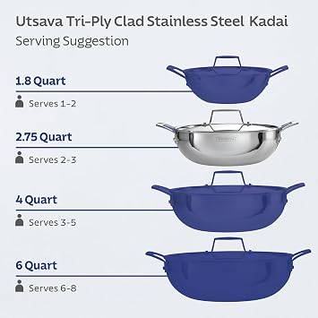 Tramontina Utsava 2.75-Quart Tri-Ply Clad Stainless Steel Kadai with Lid, Kadhai Pot for Indian Cooking