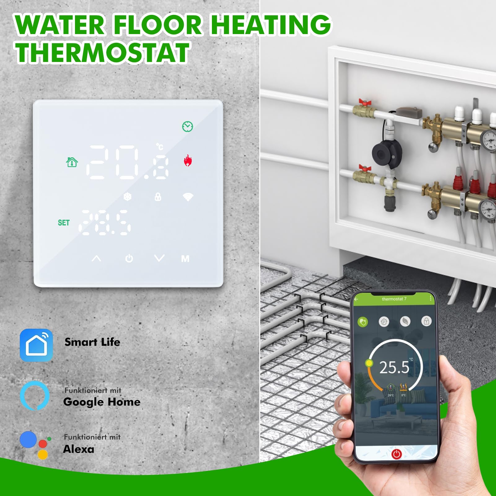Termostato Wifi 5A Batteria, Termostato Caldaia Smart 2 Fili Cronotermostato Digitale Per Caldaia A Gas, Thermostat Ambiente Unterstützung Für Google Assistant Und Alexa Bianco
