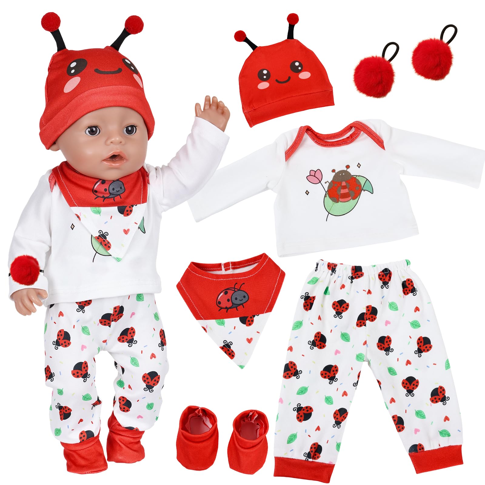 5 Pcs Baby Dolls Clothes for 12-17 Inch Doll, Cute Cartoon Doll Clothes with Jacket + Top + Pants + Socks + Rabbit Ear Hat, Sweet Bunny Doll Outfit For 30-43cm Dolls, Pretend Play Gifts (Ladybird 2)