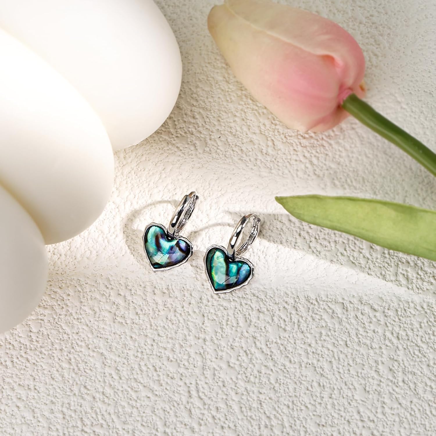 Abalone Shell Heart Hoop Earrings Silver Cute Heart Huggie Dangle Drop Earrings for Women Hypoallergenic Silver Jewelry - Image 5