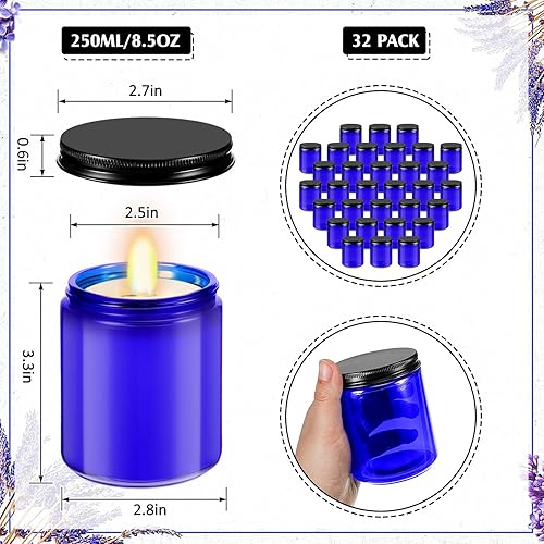 Miniatura 2 de Lallisa 32 tarros de vidrio azul cobalto de 8 onzas con tapas de metal negro, tarros redondos pequeños para cosméticos, recipientes de vidrio