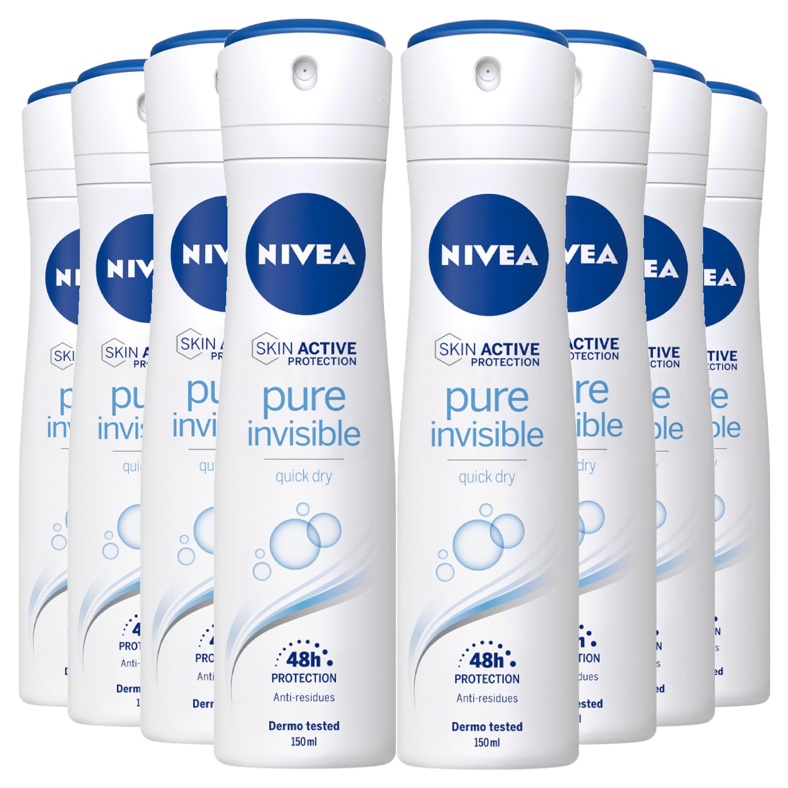 Nivea Pure Invisible Original Lufterfrischer-Spray, Antitranspirant, 48 Stunden, Schutz für frische und freie Haut, hinterlässt keine Rückstände, 8 Flaschen à 150 ml