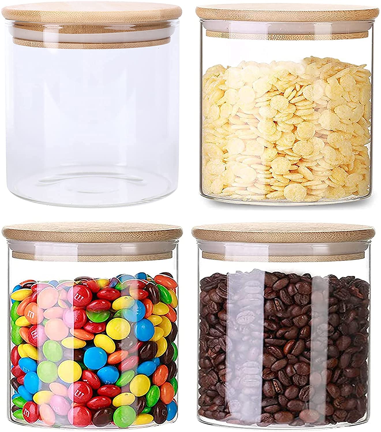 4 pc Set / 400 ML - 14 oz BOROCILICATE GLASS Spice Jars with Bamboo Airtight Lids and Labels, Food Cereal Storage Containers for Home Kitchen Tea Herbs Pasta Coffee Flour Herbs Grains