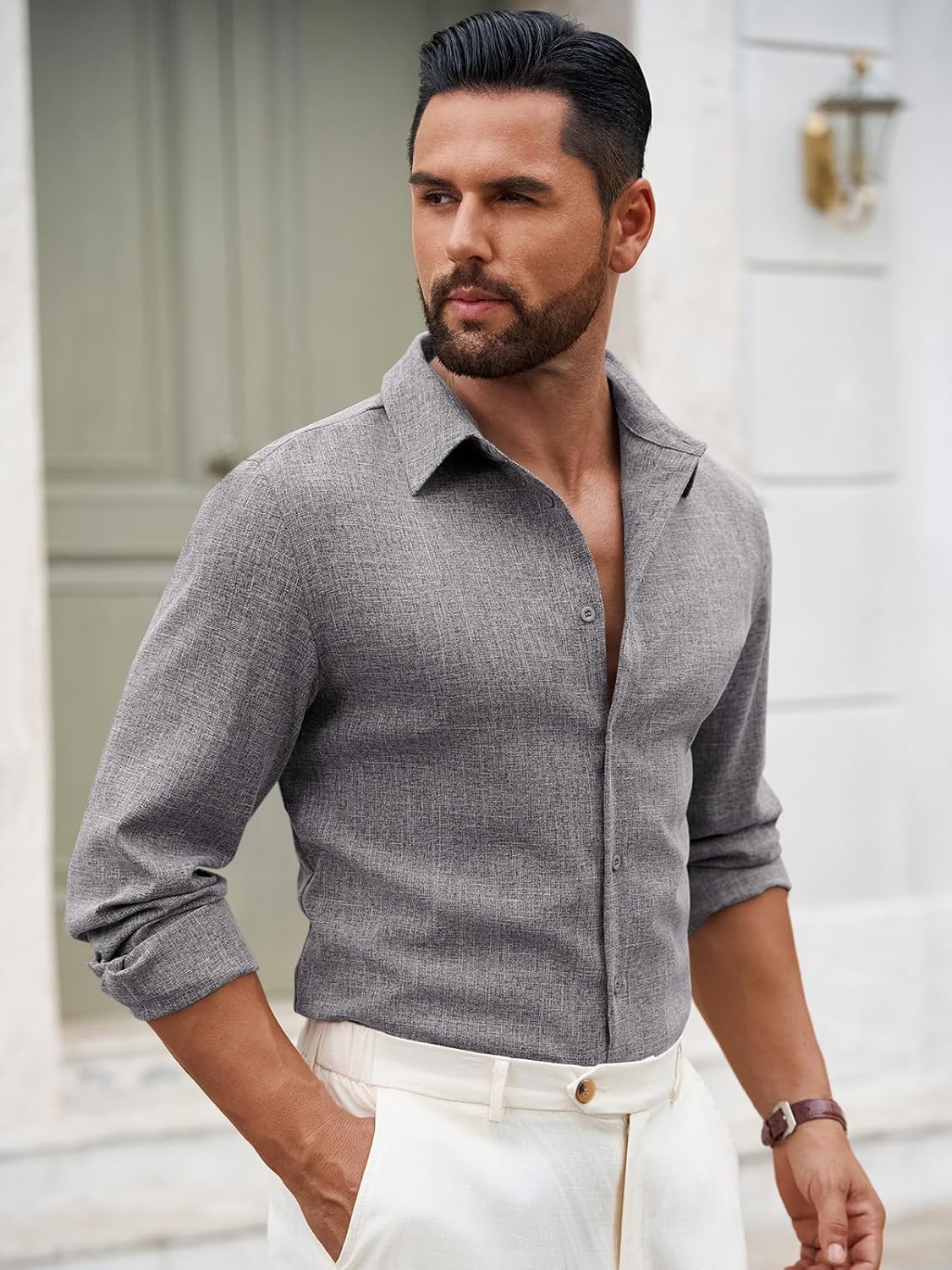 Yousify Mens Button Down Shirts Long Sleeve Casual Linen Dress Shirt Lightweight Beach Wedding Tops - Image 2