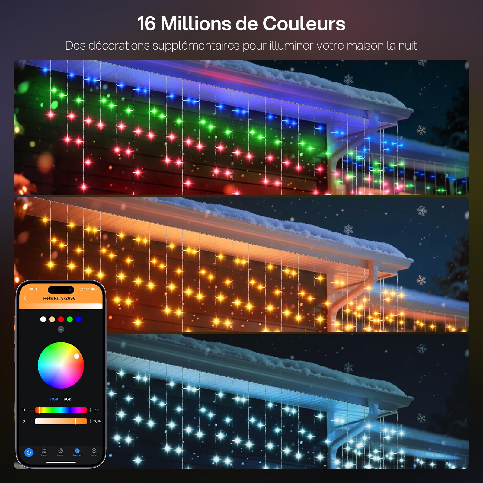 REYLAX Guirlande Lumineuse Extérieur 20M 598 LED RGB Icicle Lights Rideau avec Technologie Smart App Télécommande Dynamic Scene Modes Étanche IP67 pour Noël Fenêtre de Mariage Décoration