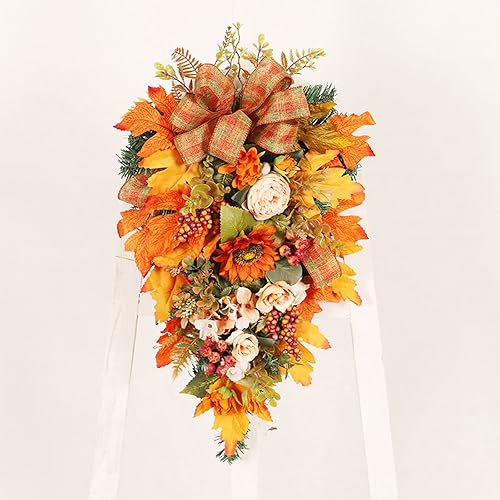 Miniatura 3 de Decoración decorativa de otoño para puerta delantera, 21.7 pulgadas, con hojas de otoño, girasoles artificiales, bayas para Acción de Gracias,