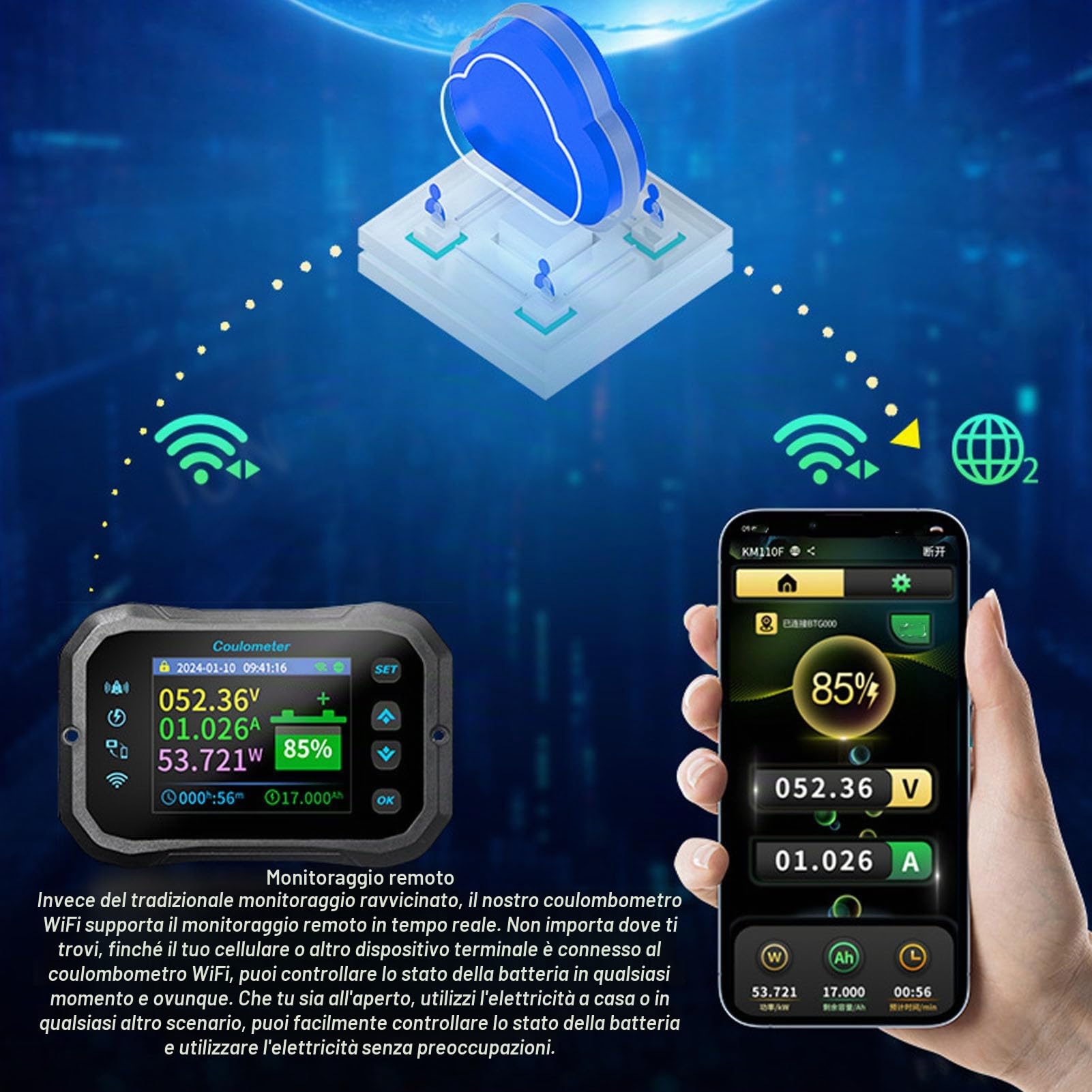 Monitor Batteria WIFI, Capacità 400A 10-100V Schermo a Colori Rilevamento Bidirezionale Tester Al Piombo Acido per Auto RV