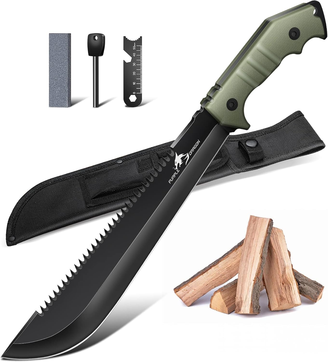Purple Dragon Grande coltello da esterno con fodero, coltello Full Tang realizzato in un unico pezzo di acciaio D2, coltello da sopravvivenza