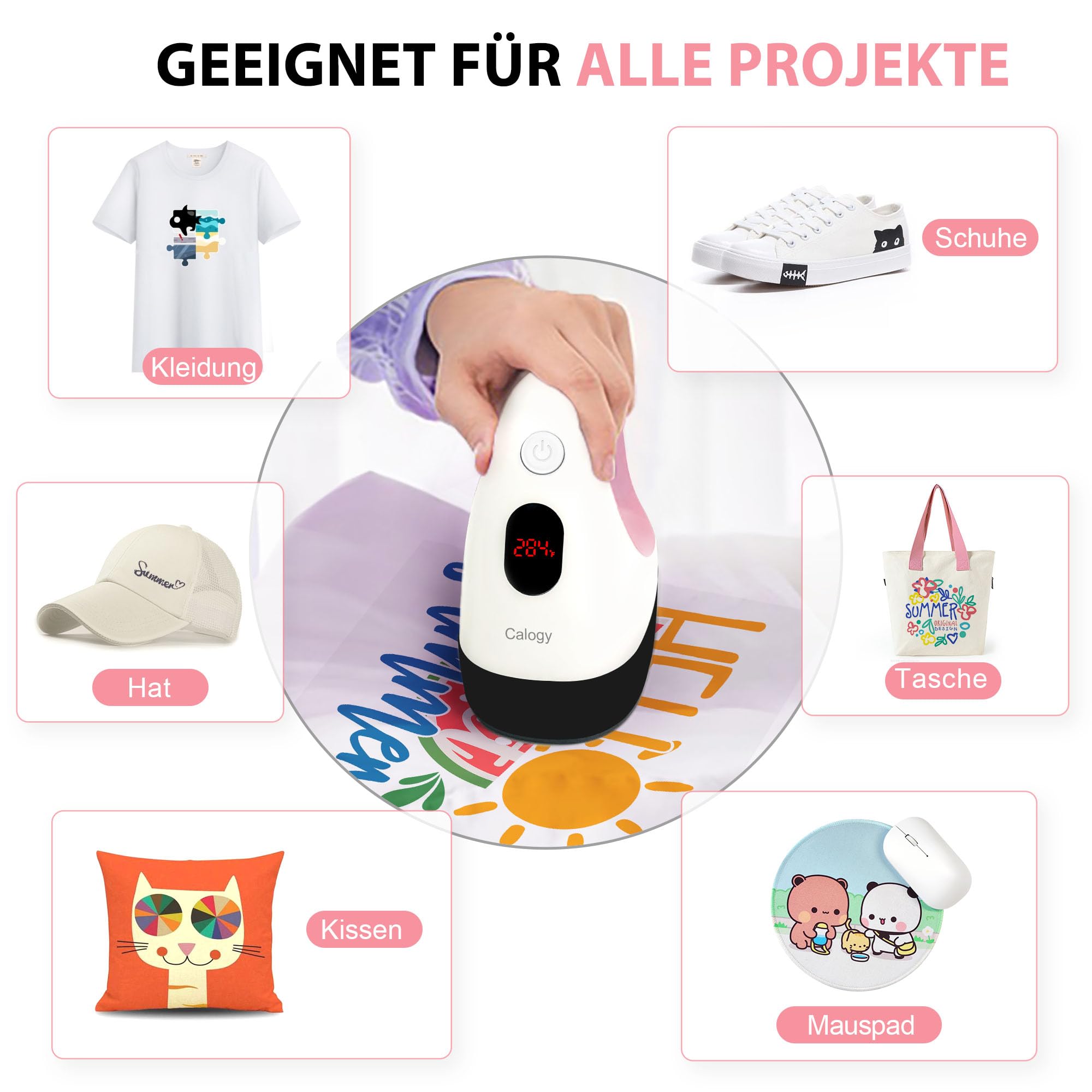 Calogy Transferpresse Mini Hitzepresse, Kleine Heißpresse mit 3 Heizstufen, Tragbare Mini Heat Press Temperaturanzeige für T-Shirts, Schuhe, Hüte, HTV-Vinyl (Weiß Rosa)