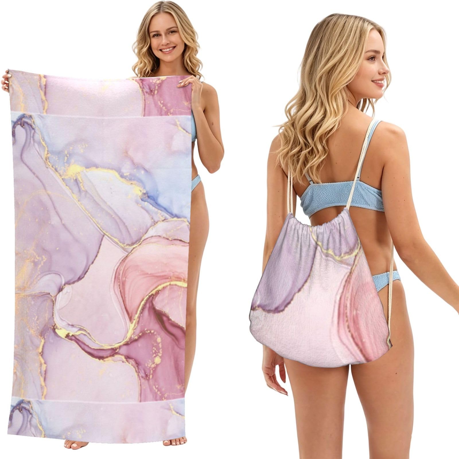 Poadnly As Picture Pink Marble, 2 In 1 Packable Towel Bag, Beach Towels With Drawstring Backpack For Travel Holiday Camping