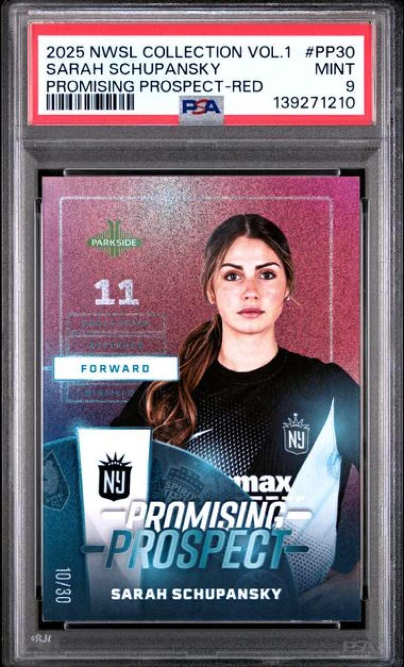PSA MINT 9 139271210 2025 PARKSIDE NWSL COLLECTION VOL.1 PROMISING PROSPECT PP30 SARAH SCHUPANSKY RED Official Soccer Card Professionally Graded by PSA