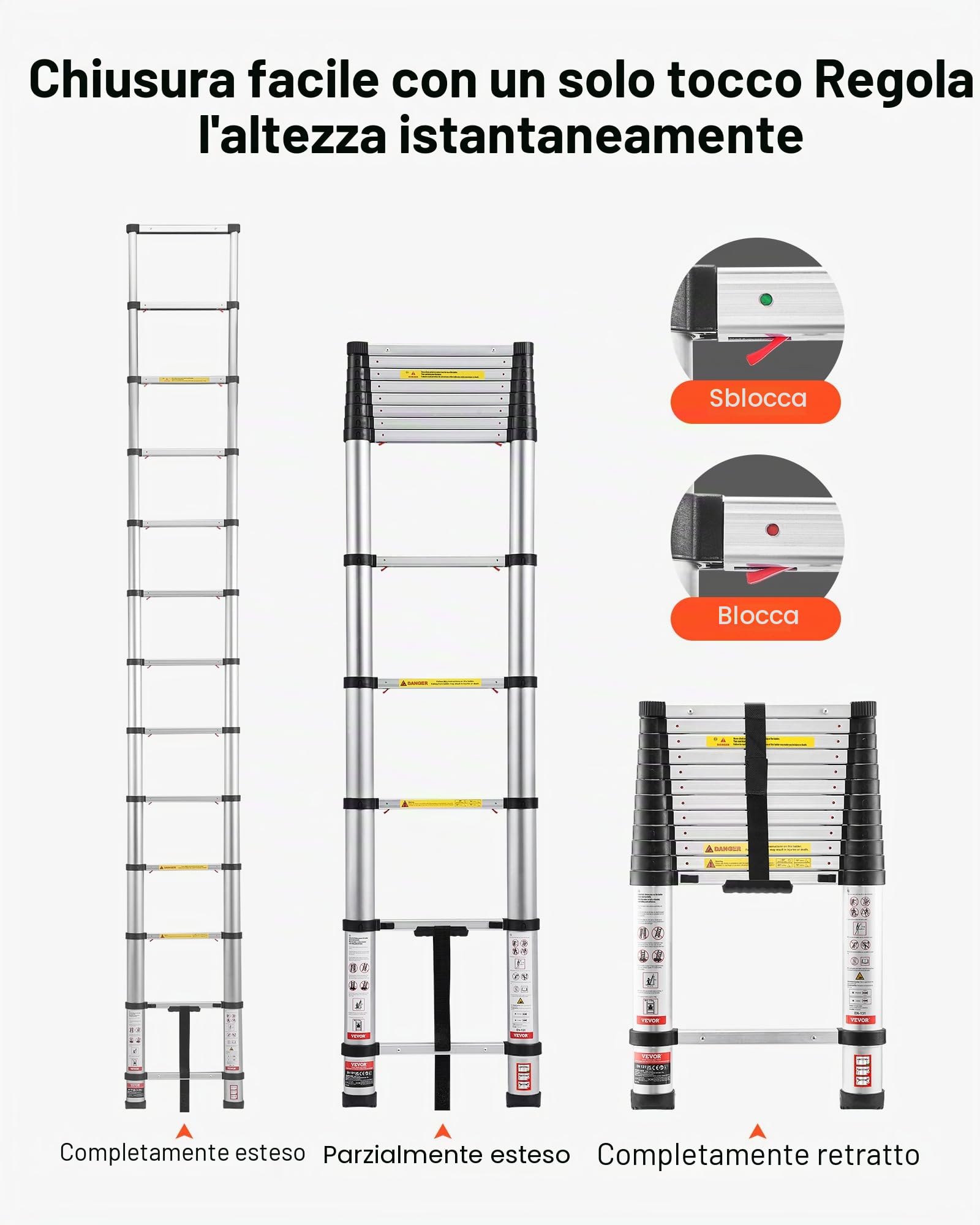 VEVOR Scala Telescopica da 3,8 m, Scala Estensibile Pieghevole Multiuso in Alluminio, Capacità Carico max. di 150 kg con Piedini Antiscivolo, per Casa, Lavori all'Aperto, Soffitta