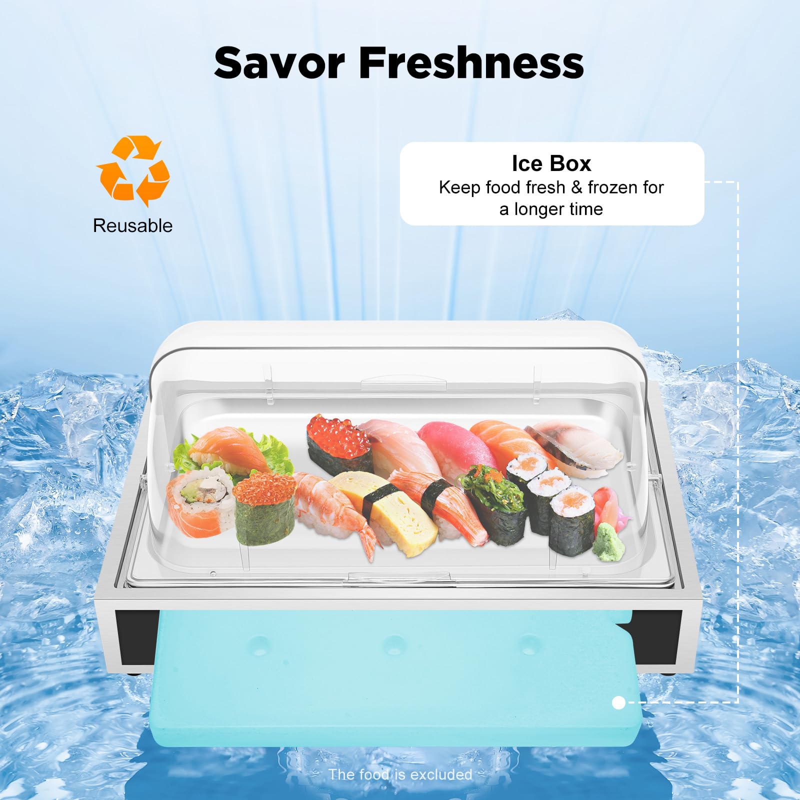Piatto da portata refrigerante GN 1/1 con cappuccio, in acciaio inox da 6 l, ciotola refrigerante con piastra refrigerante, coperchio trasparente arrotolabile, piatto catering per buffet party