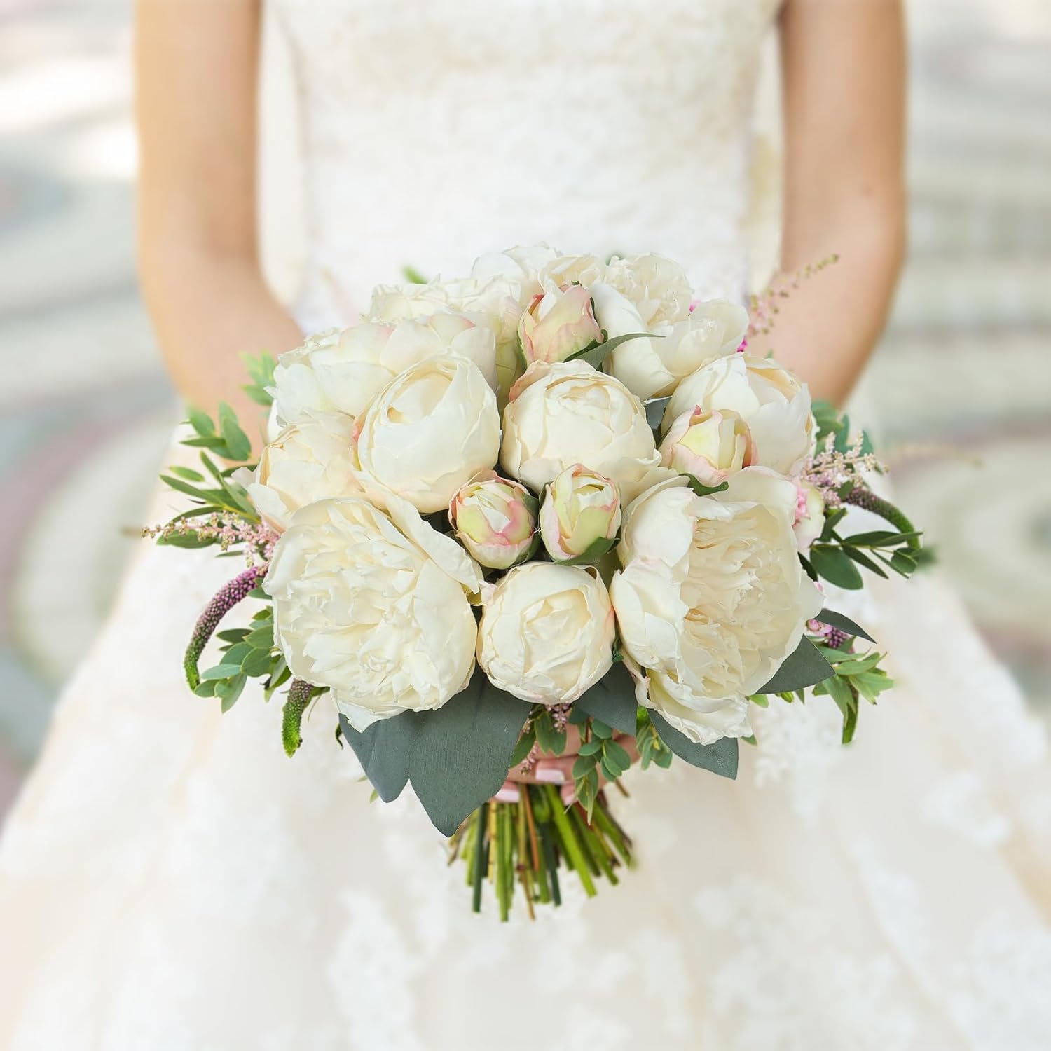 TOCHGREEN Artificial Peonies Silk Flowers 2 Bouquets Vintage Fake Peonies 14pcs Heads Faux Peony Flowers with Stems for Home Wedding Table Decoration Bridal Bouquet Floral Arrangement (White, 2PCS)