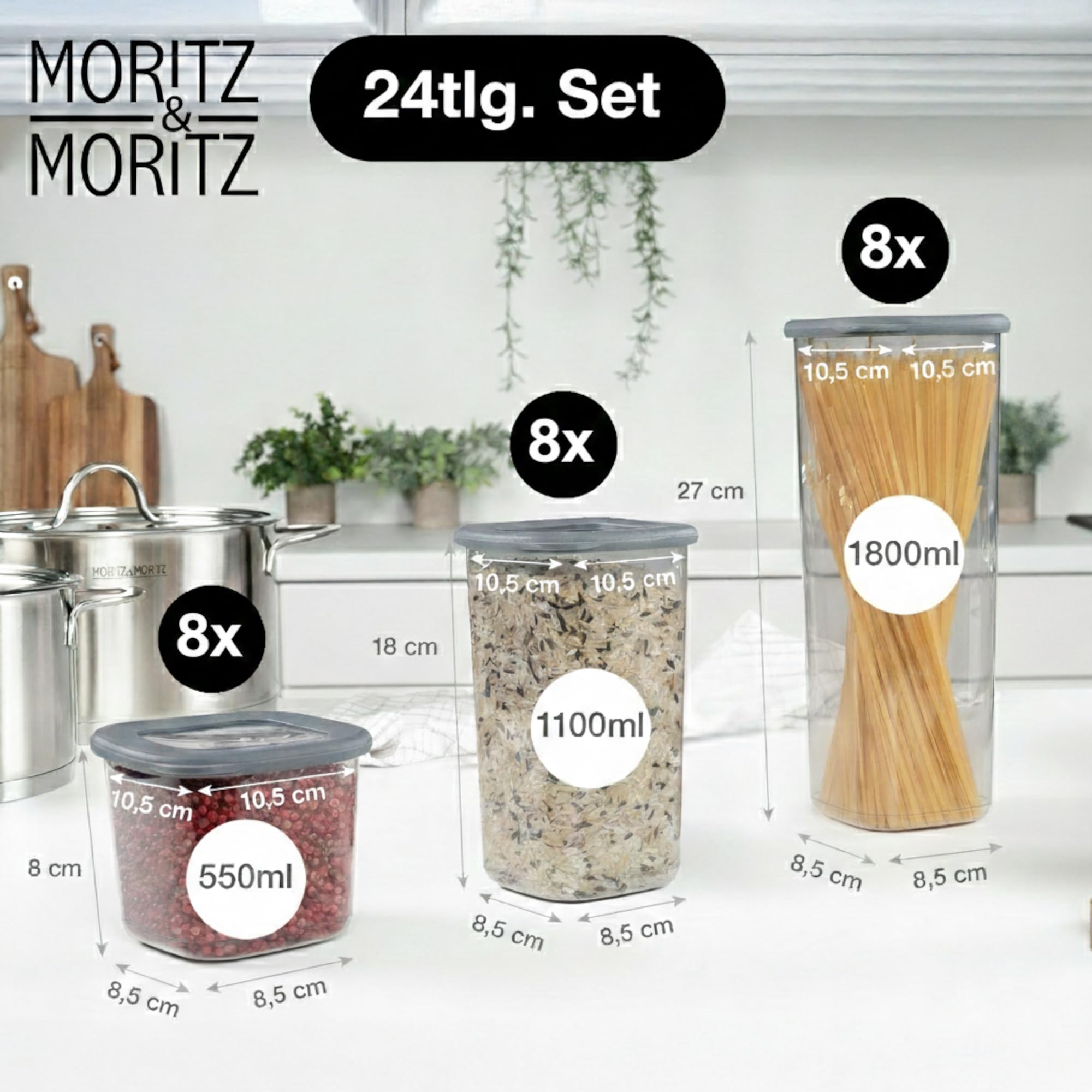Moritz & Moritz 24er Set Vorratsdosen mit Deckel Luftdicht - Lebensmittelecht für Lebensmittelaufbewahrung - Vorratsbehälter Luftdicht und Stapelbar - Vorratsdosen Set für Aufbewahrung Küche