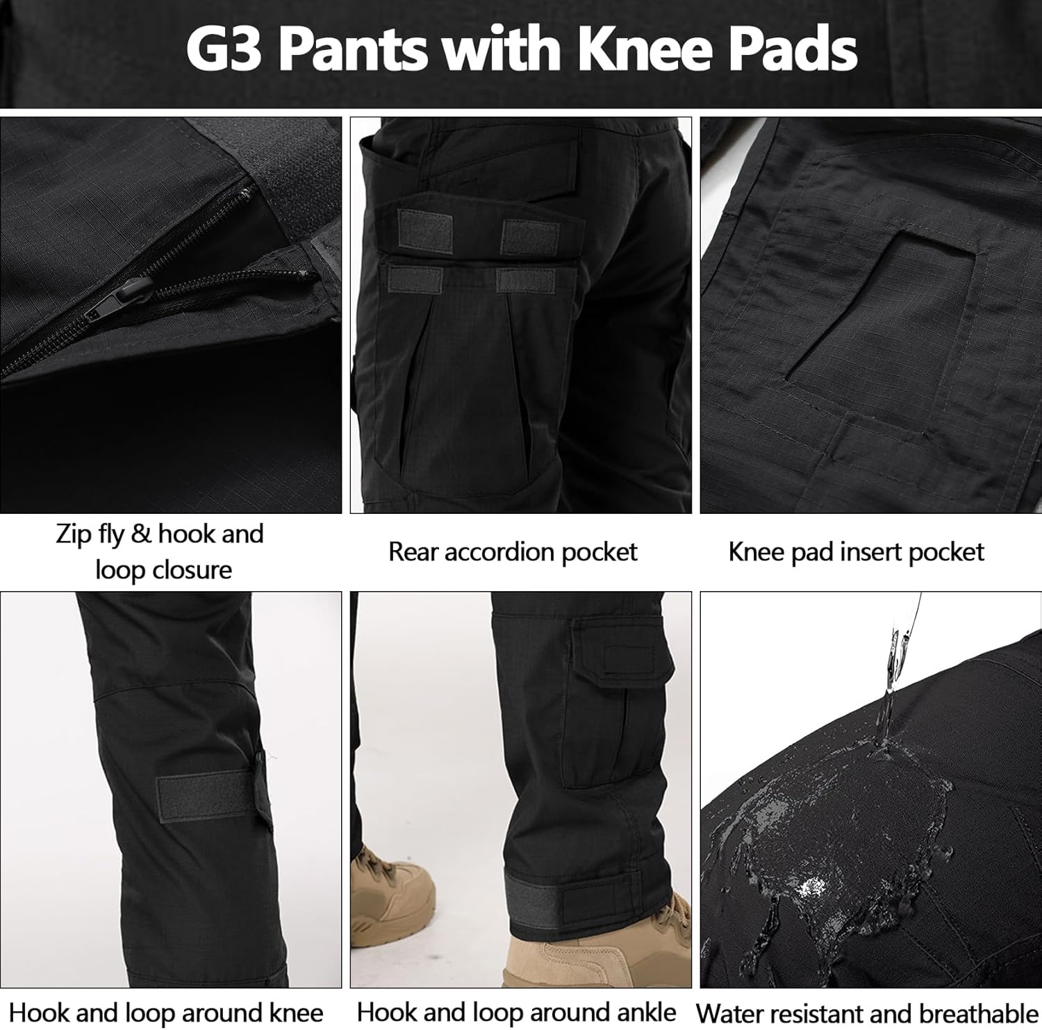 Tactical Pants for Men G3 Combat Pants with Knee Pads Waterproof Camo Cargo Pants for Airsoft Paintball No Belt - Image 6