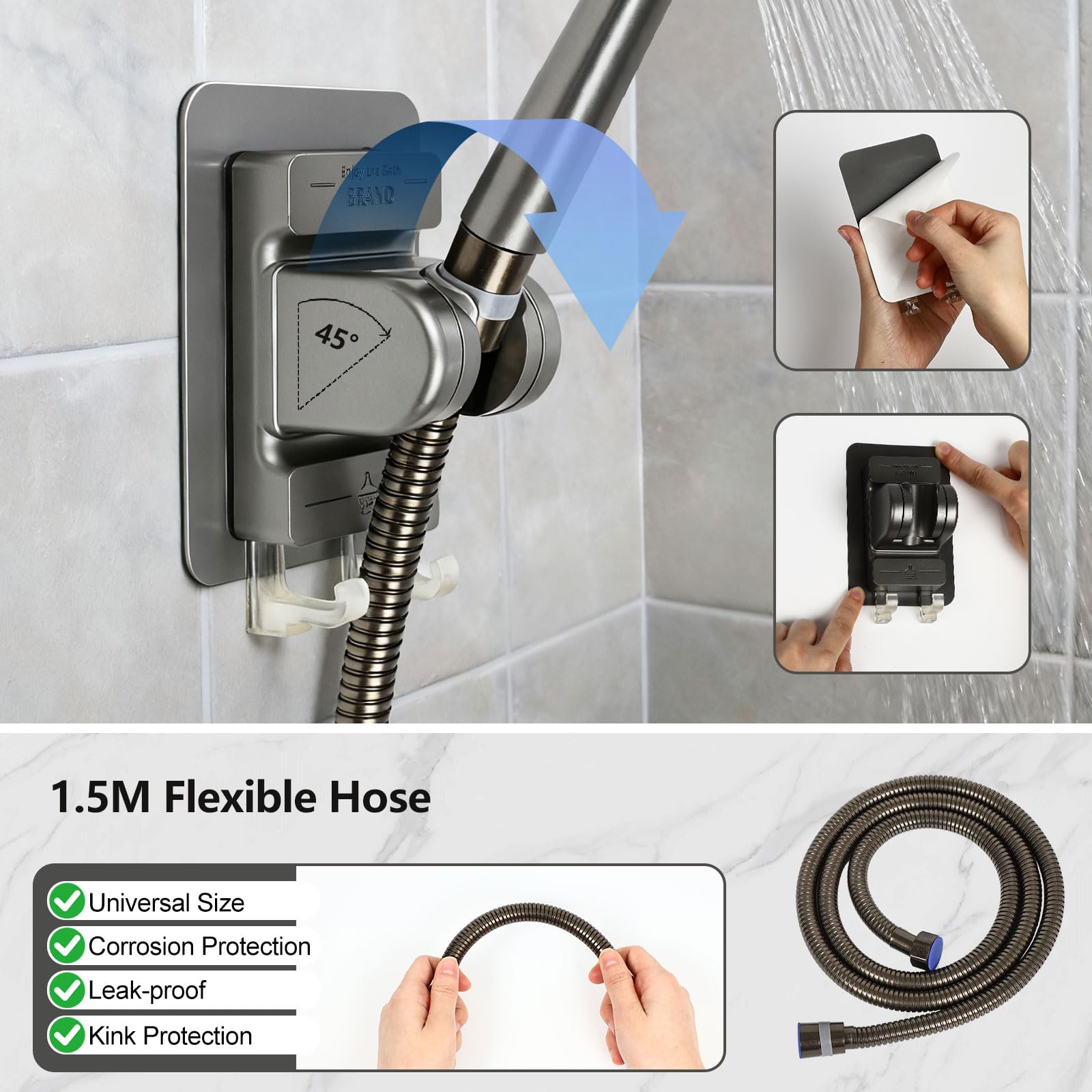 Soffione Doccia Anticalcare & 5 Ricambi | Doccino Per Doccia Con Tubo 1,5M | Soffione Anticalcare | Risparmio Idrico con Pausa | soffione doccia con filtro | Grigio
