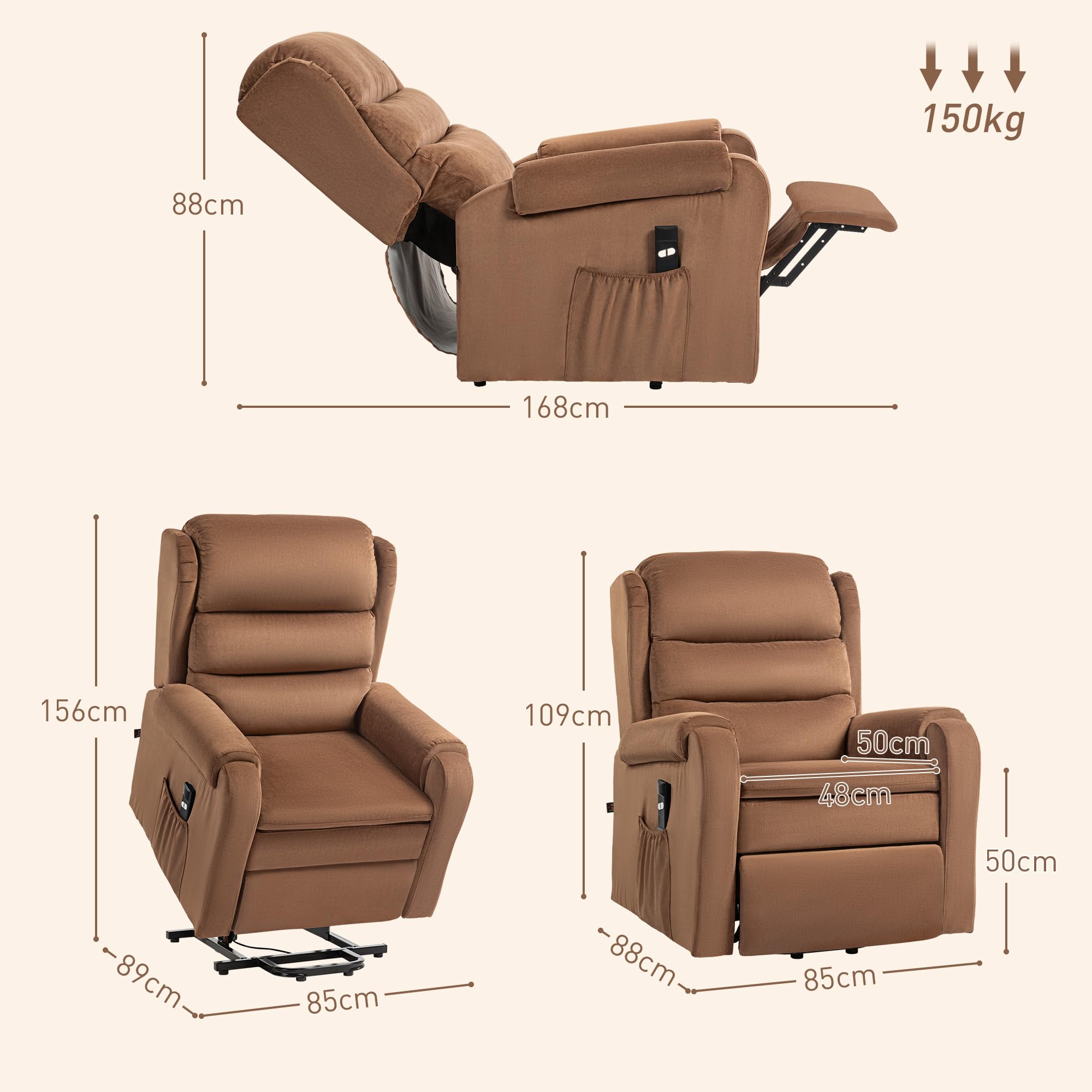 HOMCOM Poltrona Elettrica Alzapersona Reclinabile 160°, Poltrona Relax Elettrica in Velluto con Telecomando, Poggiapiedi e Tasche Laterali, Marrone Scuro
