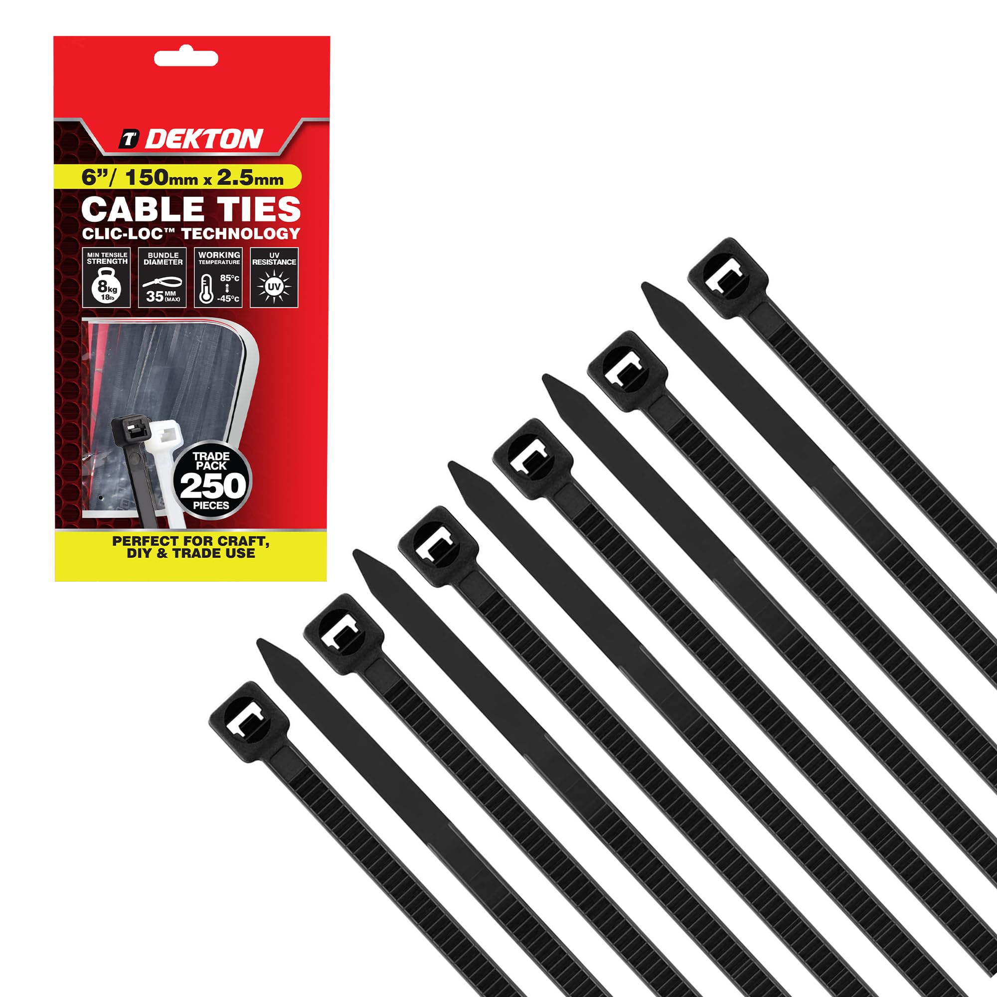 Dekton 250PC Cable Tie Set - 2.5MM X 150MM Black | Heavy Duty Industrial Strength | High Temperature Resistant | Self-Locking Teeth | Ideal for Cables, Piping, Gardening & Wires | Indoor & Outdoor Use