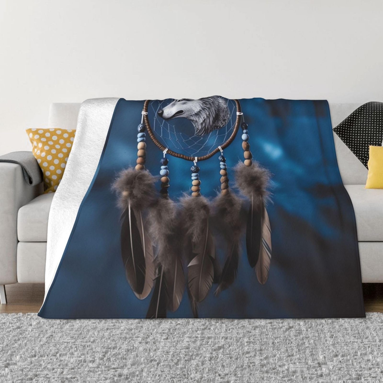 Couverture canapé motif loup attrape-rêves en flanelle de microfibre 127x101 cm