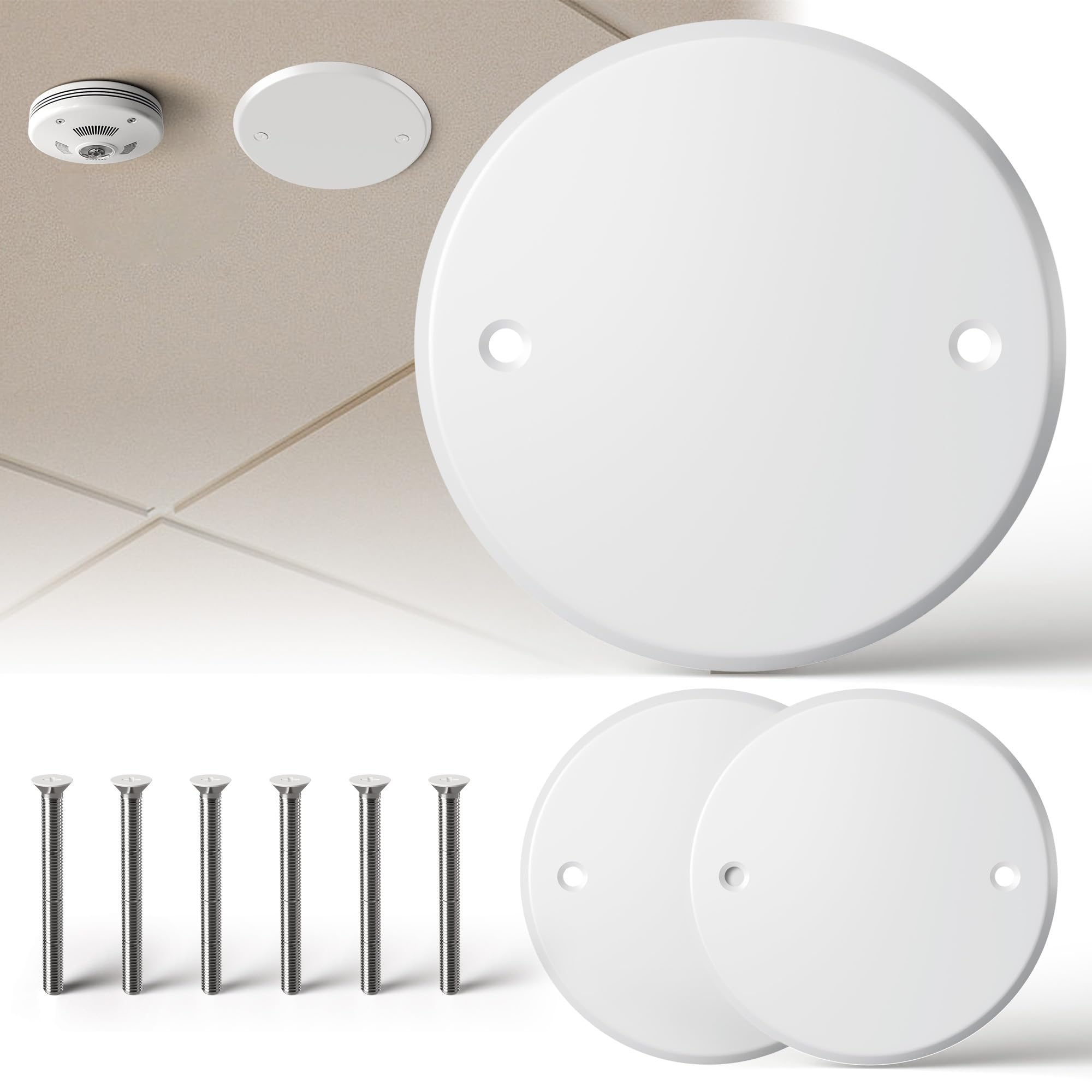 Ceiling Cover Plate,5 Inch Round Electrical Box Cover Plate for 4 Inch Electric Box,Metal Round Wall Plate for Smoke Detector,Hole Spacing 3.5 Inch - 3 Pcs(White)-image-42