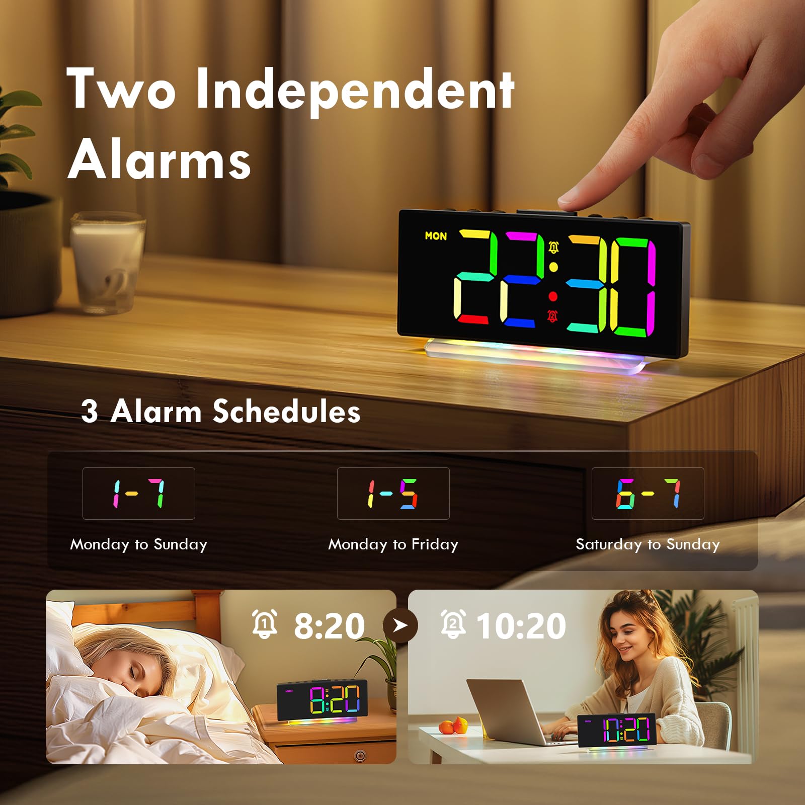 Sveglia da Comodino con Display Digitale a 8 Colori, Snooze, 2 Allarme, Luce Notturna RBG a 7 Colori,4 Livelli di Luminosità, Volume Regolabile, Nero